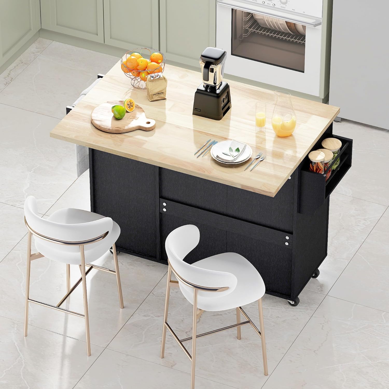 Kitchen Island Cart with Solid Wood Top and Drop Leaf, Rolling Mobile Kitchen Island Table on Wheels with Drawer and Spice Rack, Towel Rack(Black)