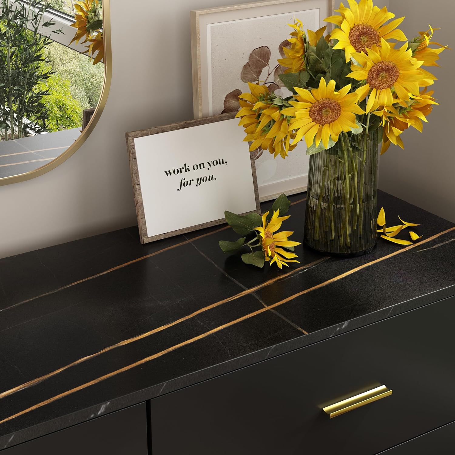 7 Drawer Dresser For Bedroom, 55-inch Marble and Gold Dresser Chest of Drawers Wood Bedroom Organizer