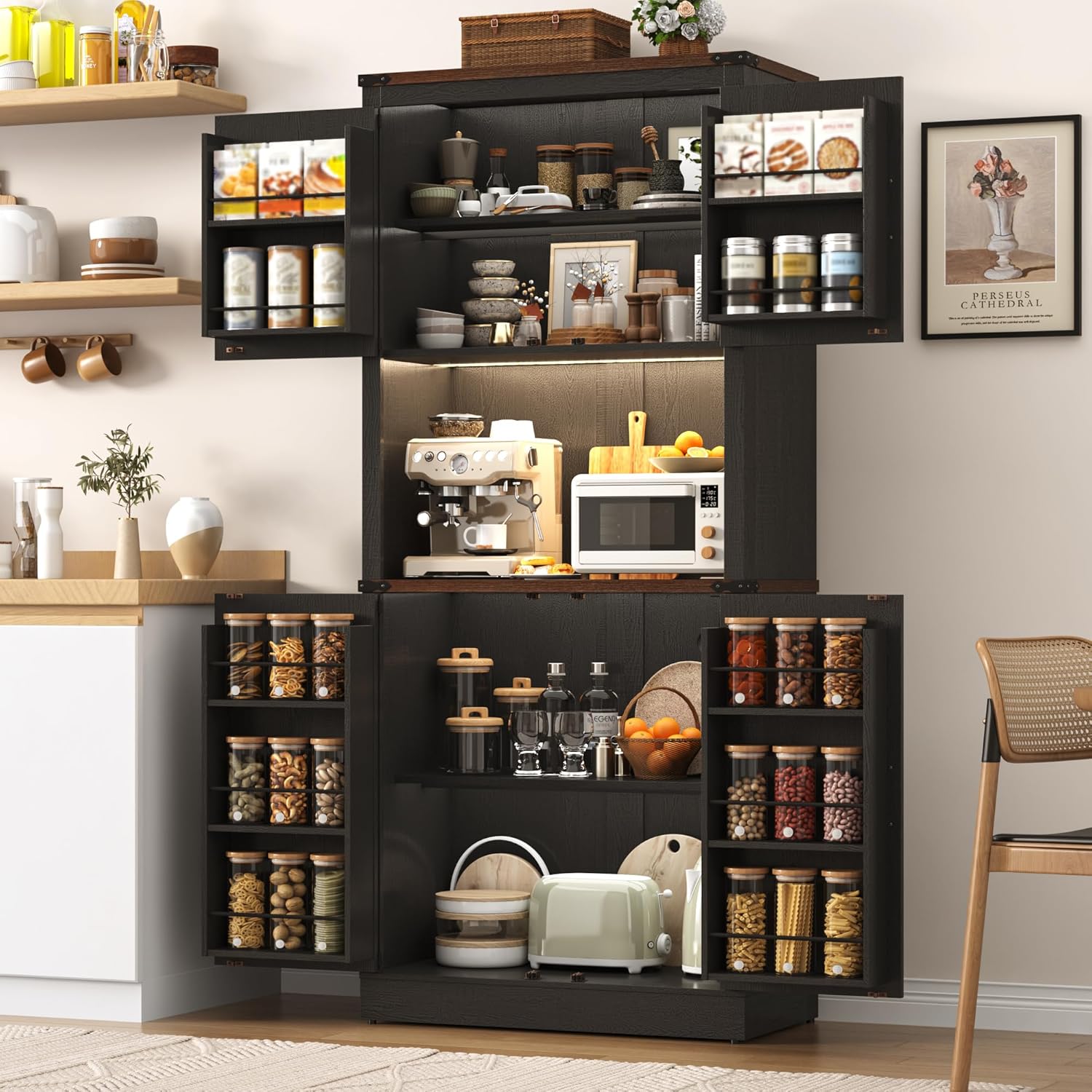 Tall Farmhouse Kitchen Pantry Cabinet with 10 Side Shelves and LED Light&Power Outlet,5 Layers Pantry Storage Cabinet with Barn Doors&Load-Bearing Steel Pipe for Dining Room,Living Room