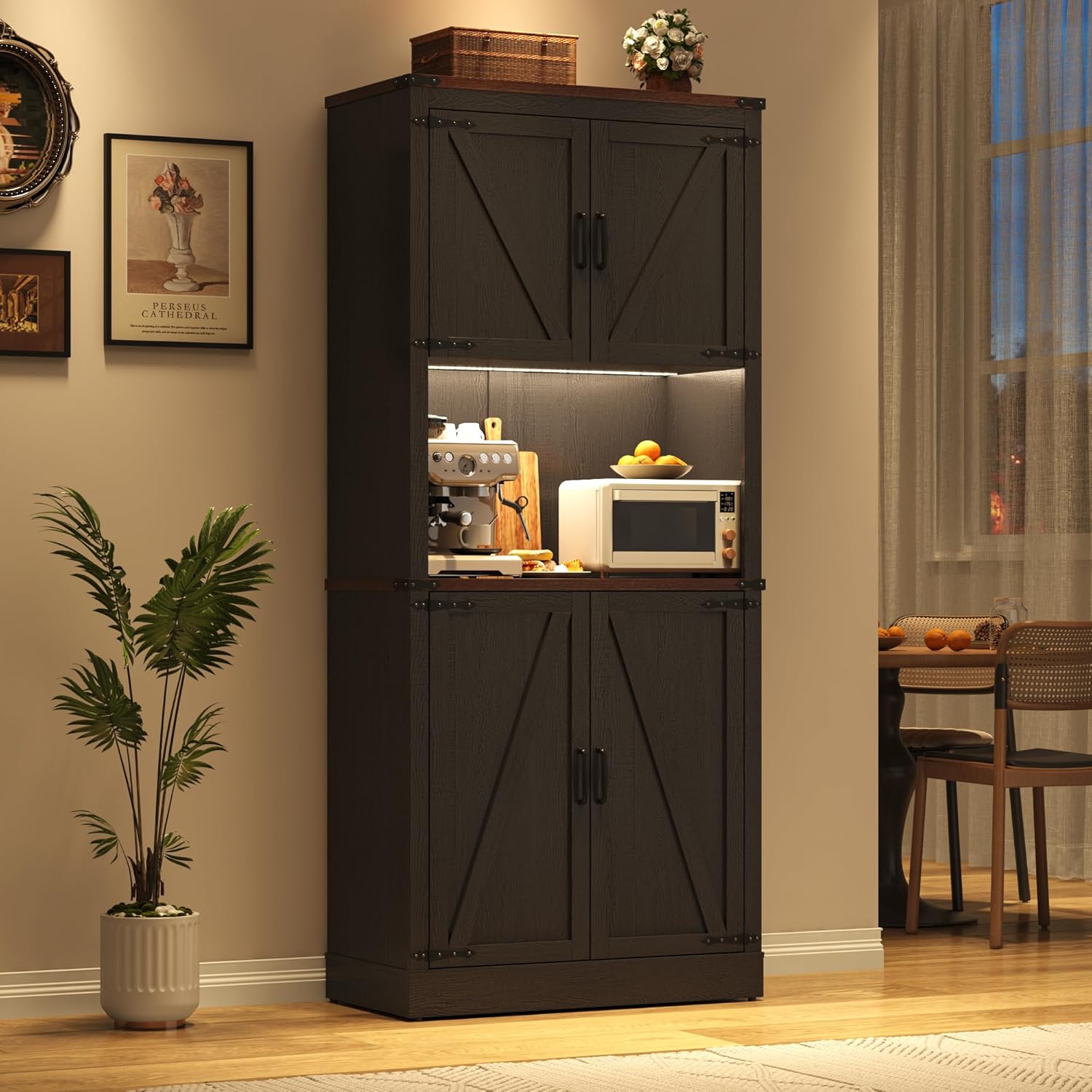 Tall Farmhouse Kitchen Pantry Cabinet with 10 Side Shelves and LED Light&Power Outlet,5 Layers Pantry Storage Cabinet with Barn Doors&Load-Bearing Steel Pipe for Dining Room,Living Room