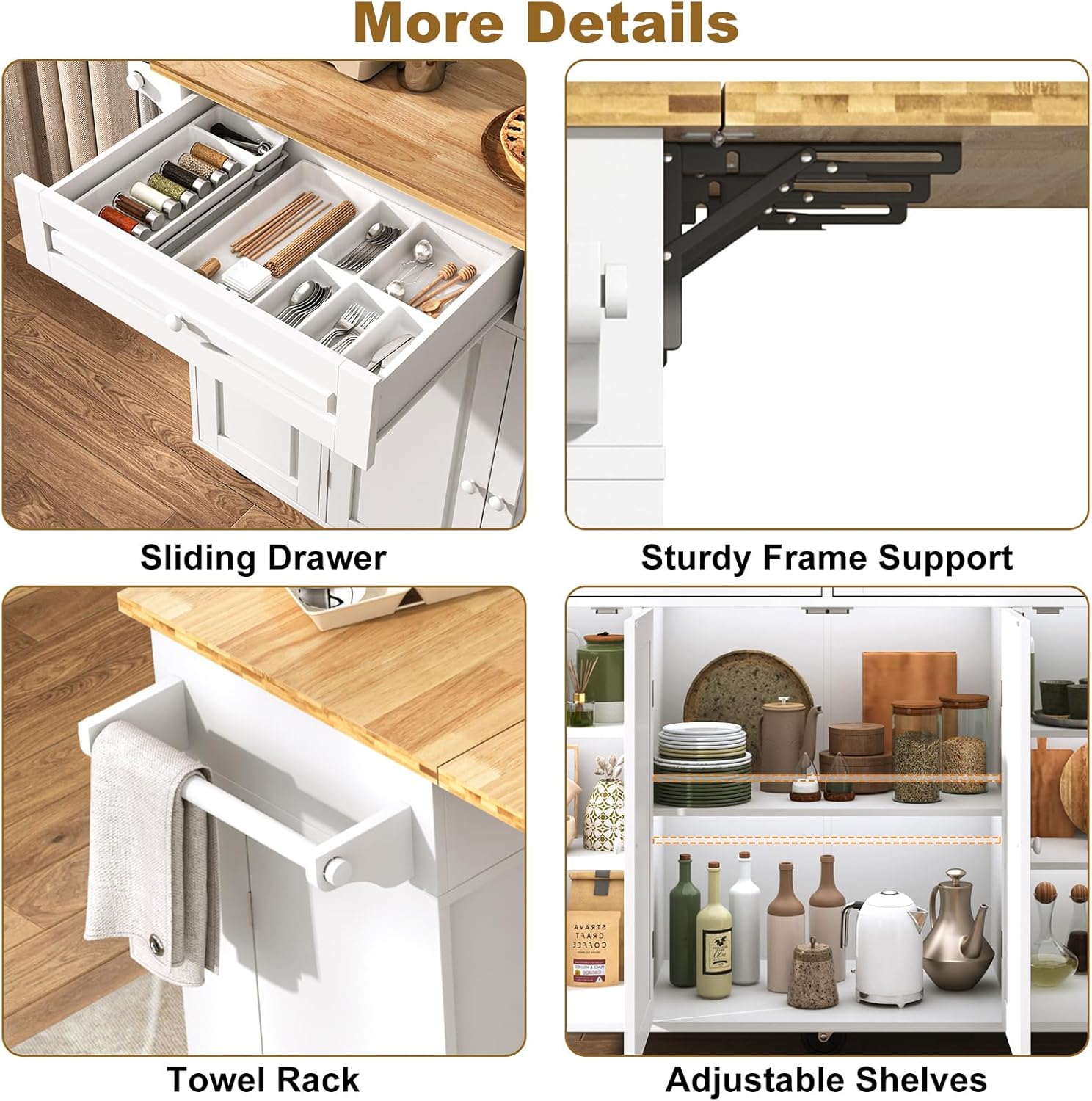 Blotout 55" Rolling Kitchen Island Cart with Drop Leaf Breakfast Bar, Rubber Wood Top – on Wheels with Drawer, Storage Cabinet, Spice & Towel Rack