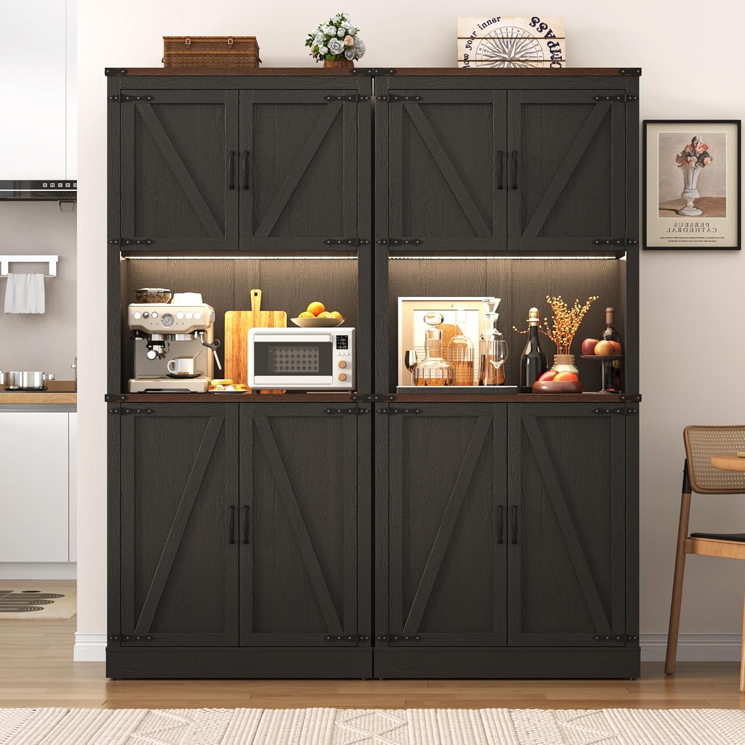 Tall Farmhouse Kitchen Pantry Cabinet with 10 Side Shelves and LED Light&Power Outlet,5 Layers Pantry Storage Cabinet with Barn Doors&Load-Bearing Steel Pipe for Dining Room,Living Room