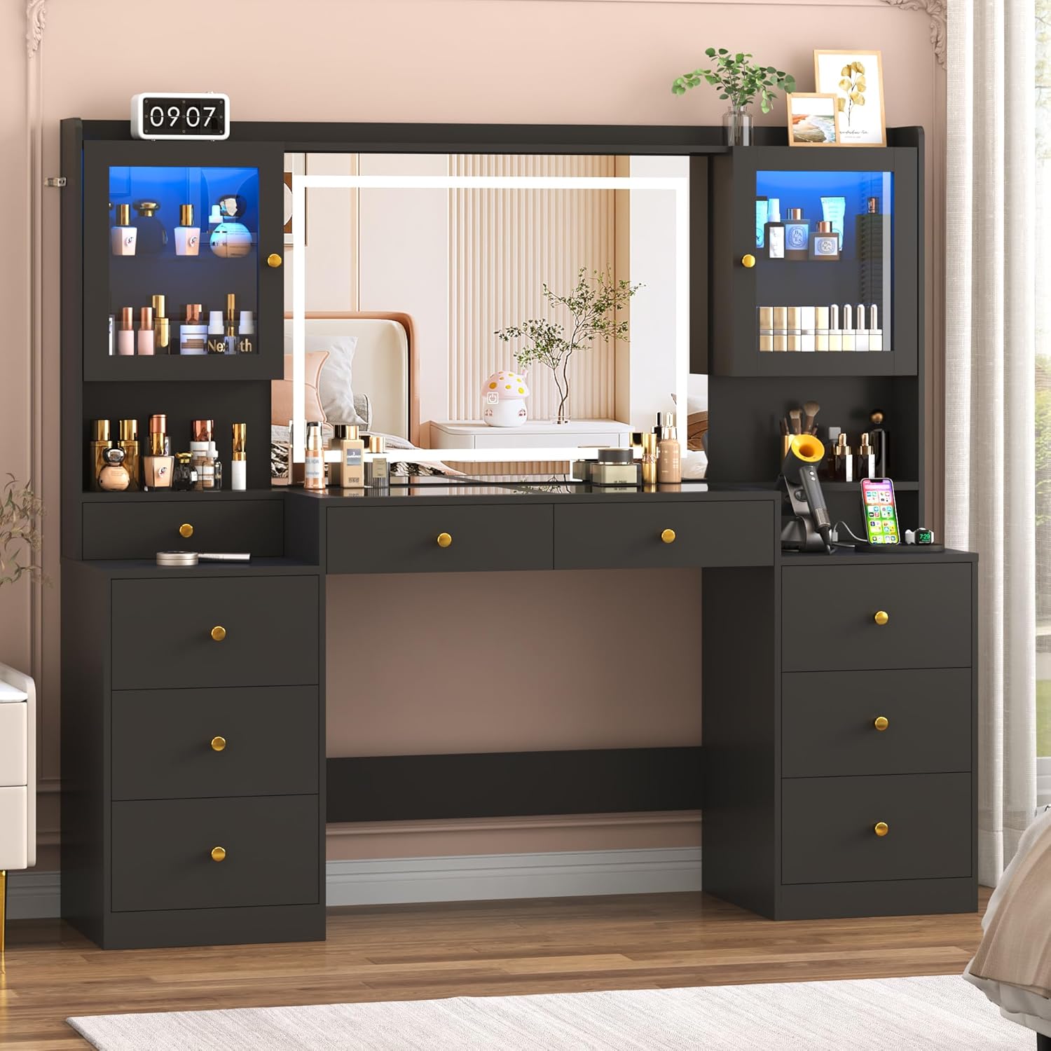 Blotout 62'' Large Vanity Desk with 2 RGB Glass Cabinets, Power Outlet, Glass Top, 9 Drawers, 3 Lights Mode LED Mirror, Pink Bedroom Makeup Vanity for Women, Girls