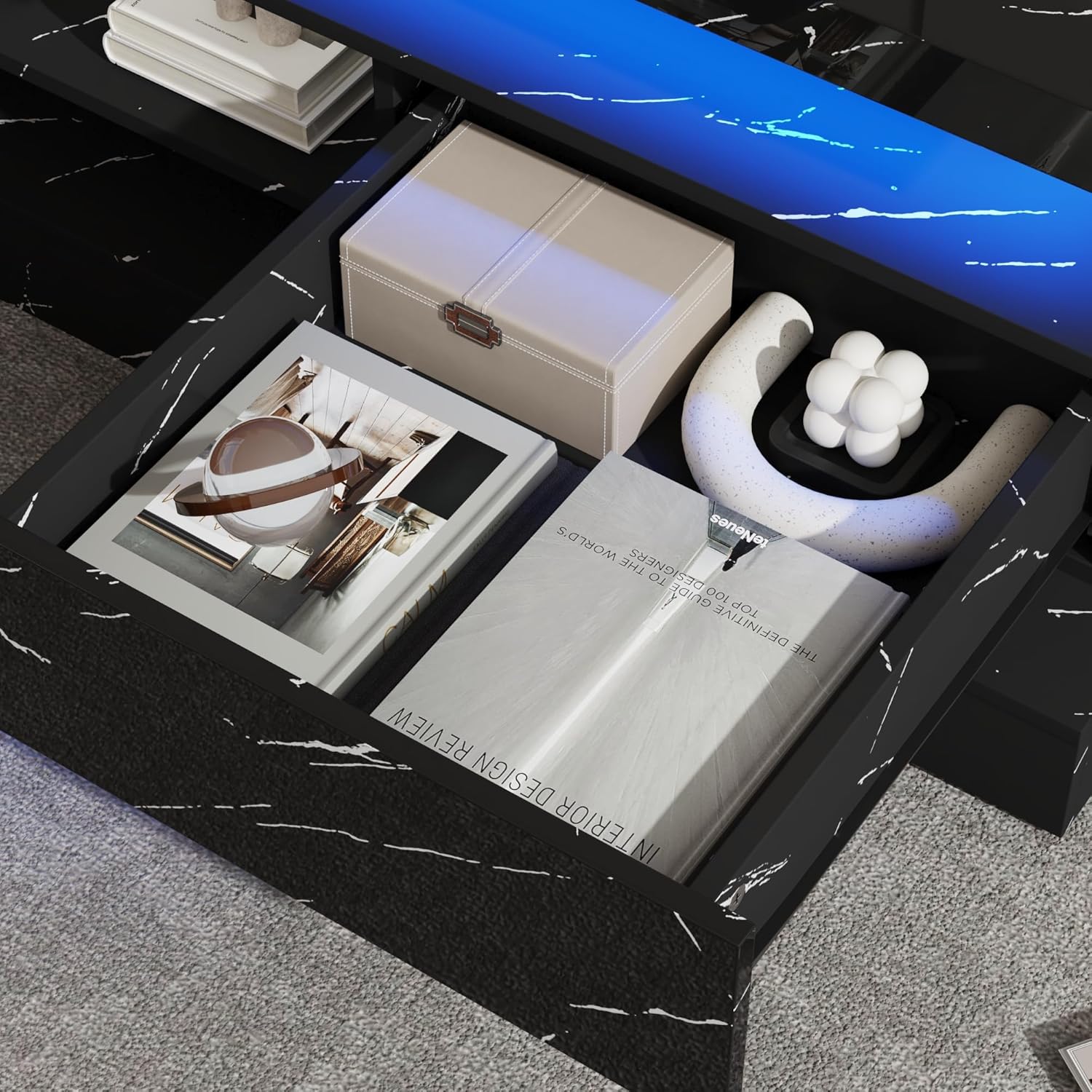 Blotout Large Modern High Glossy LED Coffee Table with 2 Storage Drawers, 3 Tiers-Layer Center Tables w/60,000 Colors LED Lights/Marbling Print for Livings Room