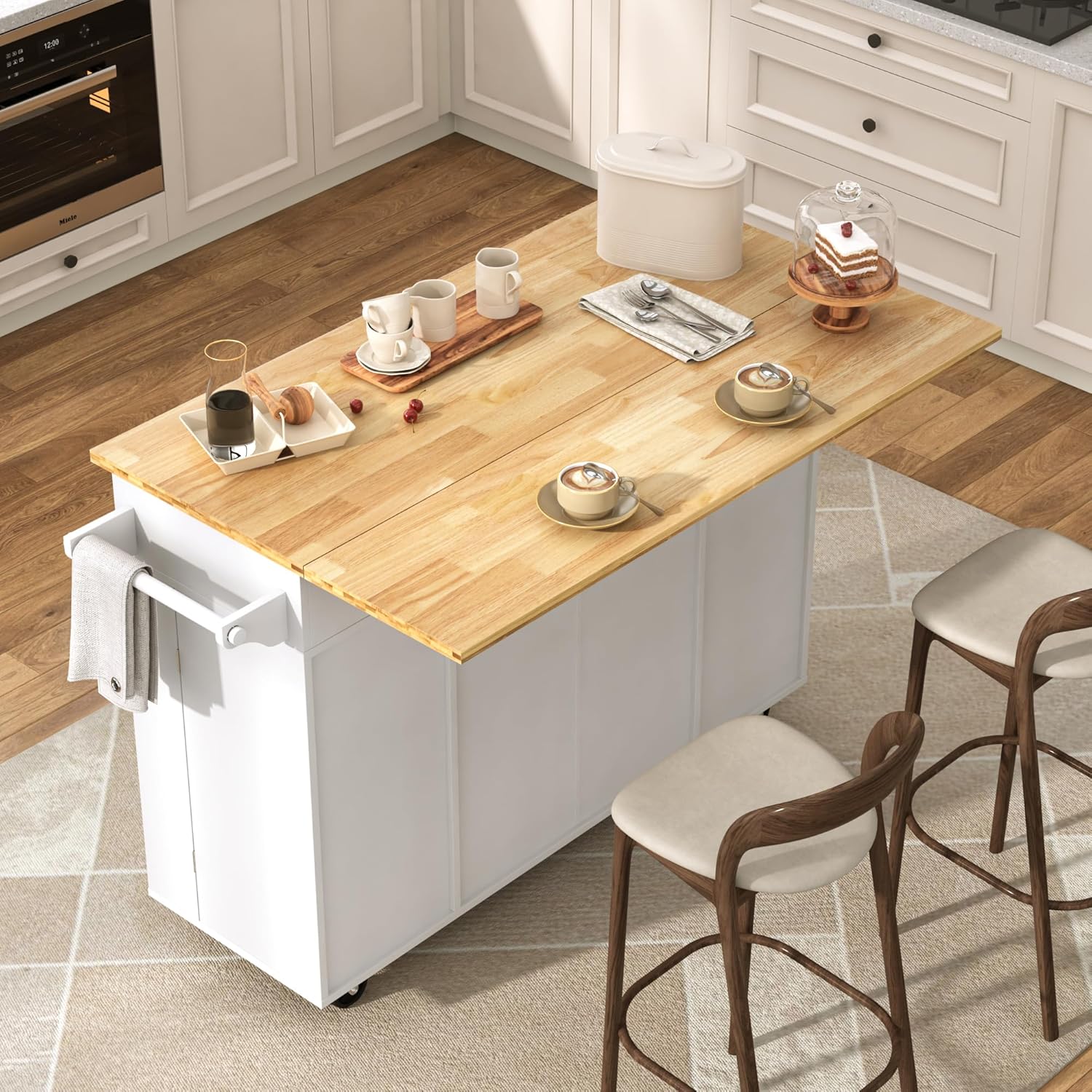 Blotout 55" Rolling Kitchen Island Cart with Drop Leaf Breakfast Bar, Rubber Wood Top – on Wheels with Drawer, Storage Cabinet, Spice & Towel Rack