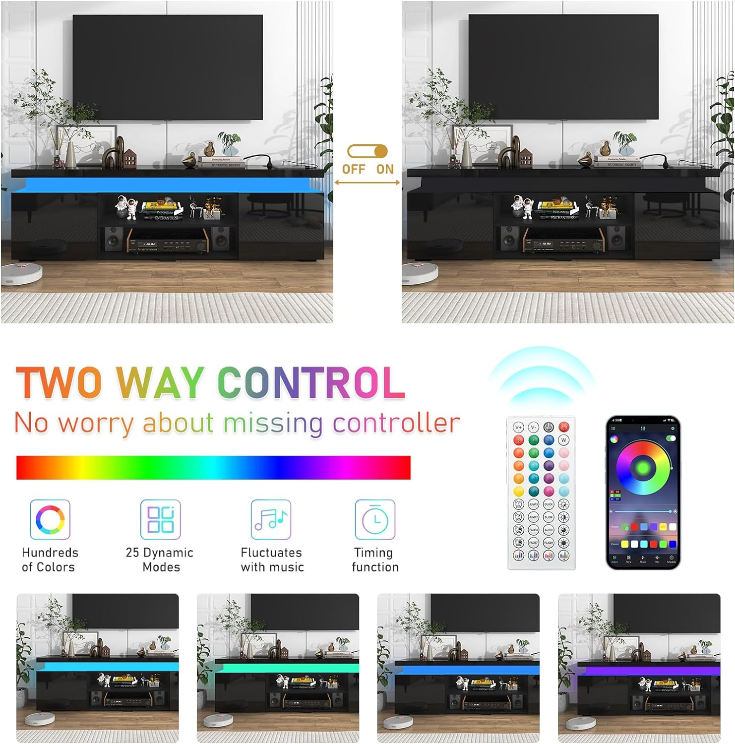 Blotout LED TV Stand for 75 Inch TV, Modern TV Stand with Power Outlet, High Gloss TV Console Entertainment Center with Storage and LED Lights for Living Room, Bedroom (66 Inch, White)