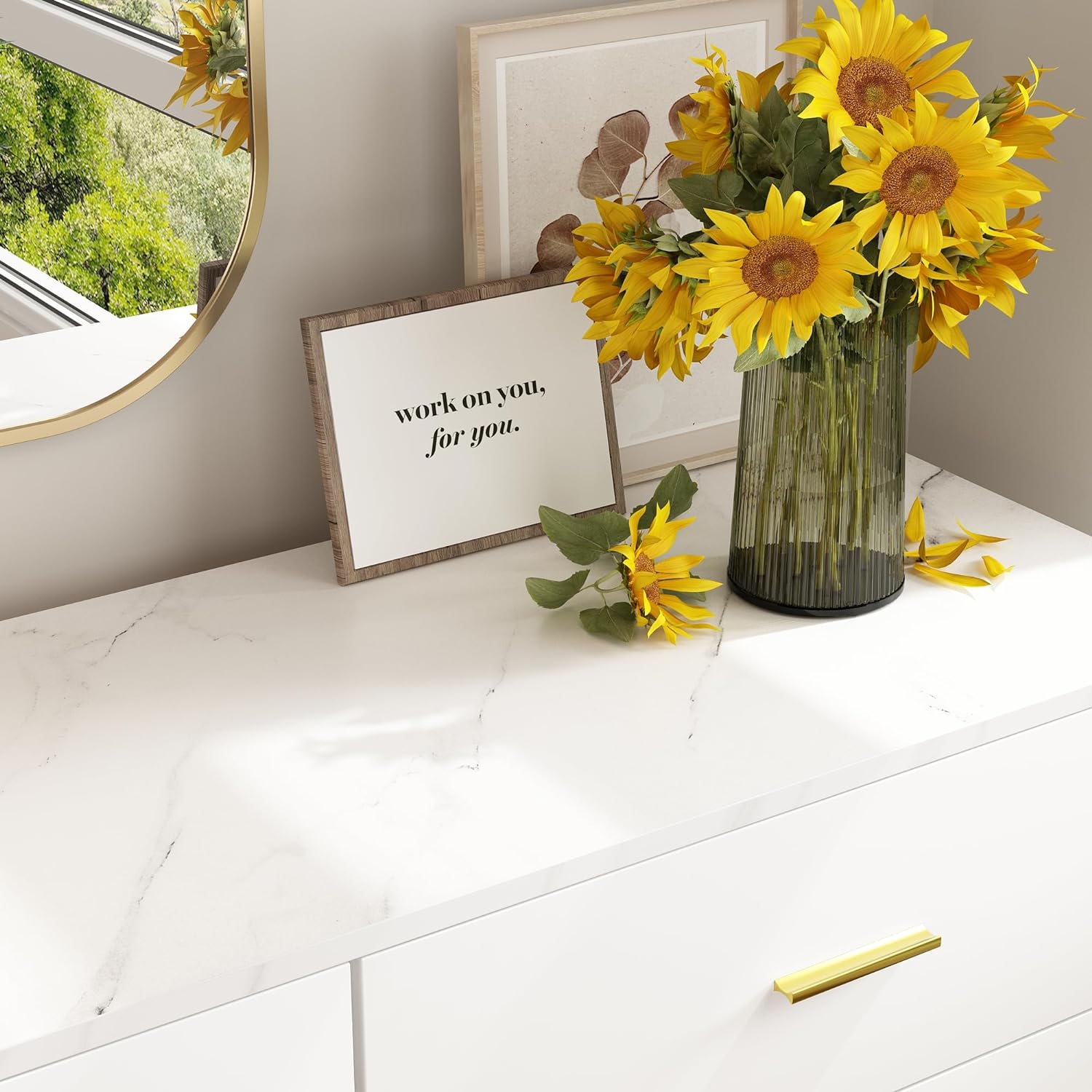 7 Drawer Dresser For Bedroom, 55-inch Marble and Gold Dresser Chest of Drawers Wood Bedroom Organizer