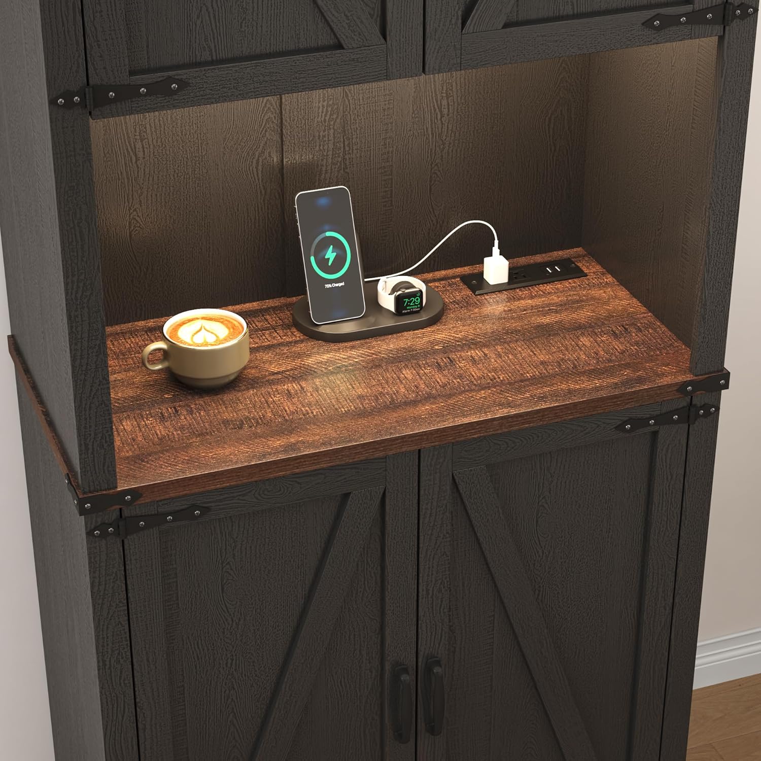 Tall Farmhouse Kitchen Pantry Cabinet with 10 Side Shelves and LED Light&Power Outlet,5 Layers Pantry Storage Cabinet with Barn Doors&Load-Bearing Steel Pipe for Dining Room,Living Room