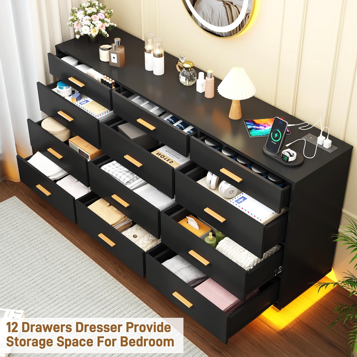 Blotout 12 Drawers Dresser w/Power Outlet, 60000 Colors Lights, 63''Long Wooden Dresser Chest w/Anti-toppling Design, Metal Handles Dresser for Living Room, Hallway, Entryway, Bedroom