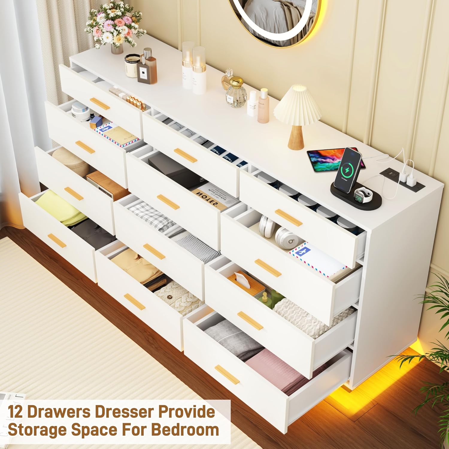Blotout 12 Drawers Dresser w/Power Outlet, 60000 Colors Lights, 63''Long Wooden Dresser Chest w/Anti-toppling Design, Metal Handles Dresser for Living Room, Hallway, Entryway, Bedroom