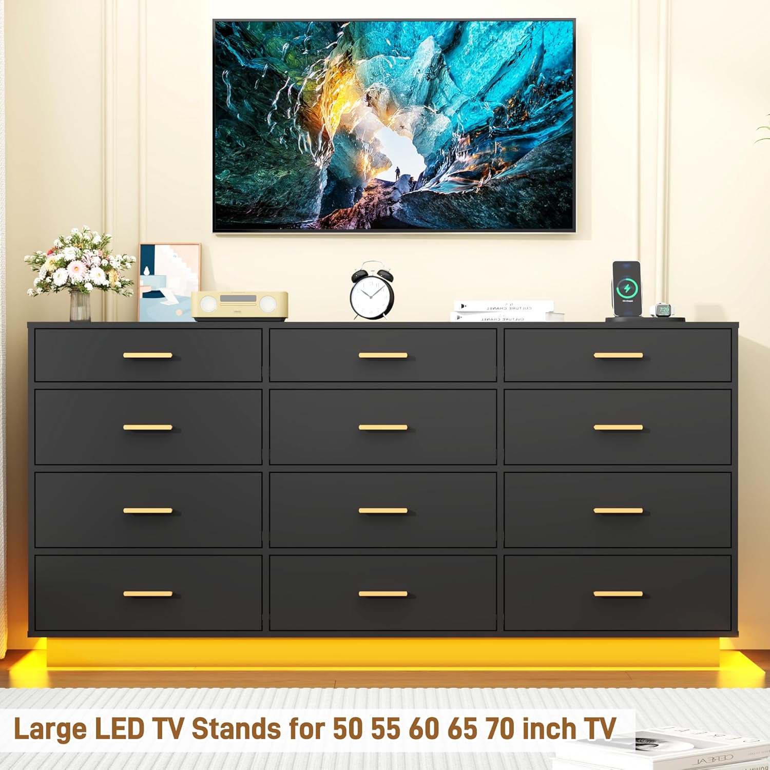 Blotout 12 Drawers Dresser w/Power Outlet, 60000 Colors Lights, 63''Long Wooden Dresser Chest w/Anti-toppling Design, Metal Handles Dresser for Living Room, Hallway, Entryway, Bedroom