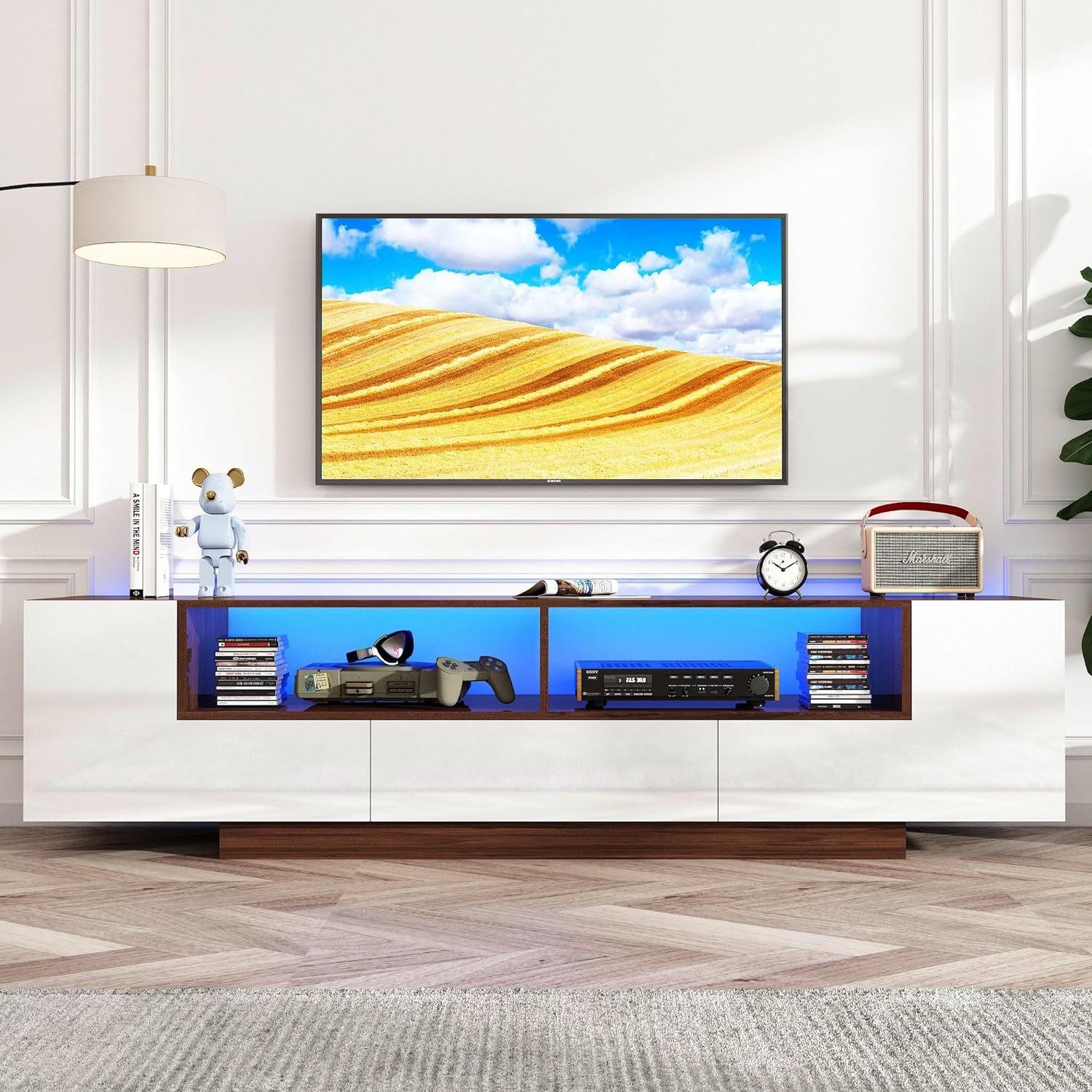 Modern LED TV Stand for 75 Inch TV, 70" Entertainment Center with Storage Cabinets and Open Shelves, High Gloss TV Console Table for Living Room and Bedroom (Black& Marble)