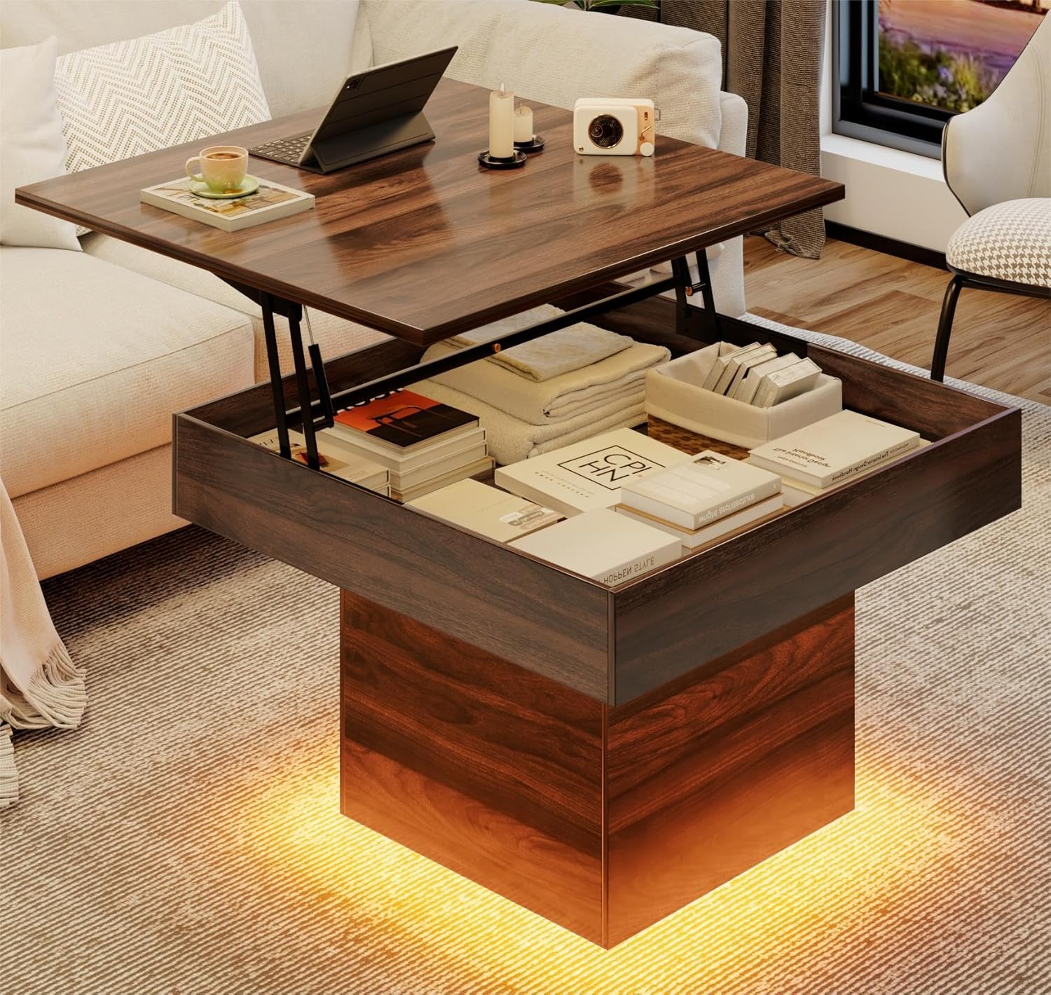ANPOO LED Square Coffee Table for Living Room,36 Inch Lift Top Coffee Table with LED Light,Minimalist Square Coffee Table with Hidden Storage,Square Lift-Up Center Table