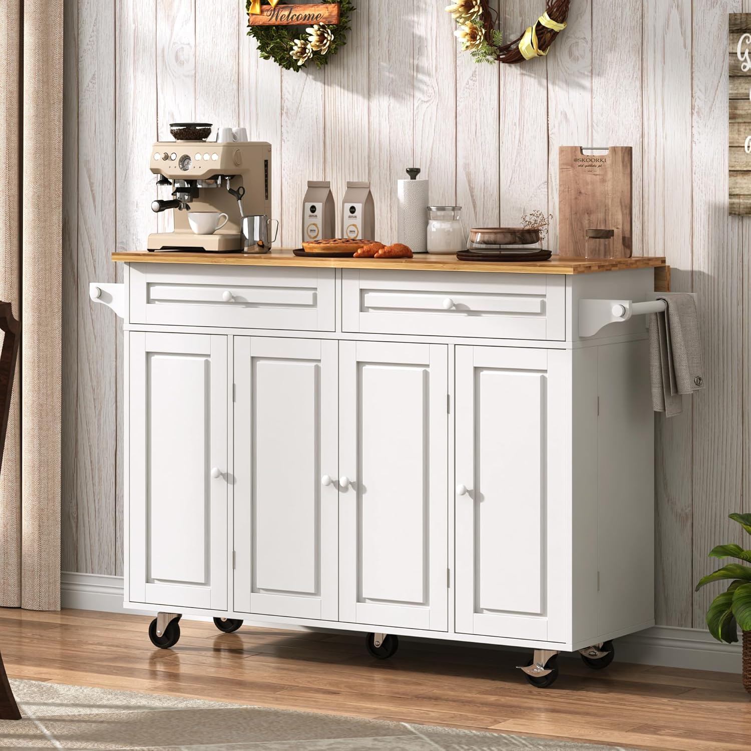 Blotout 55" Rolling Kitchen Island Cart with Drop Leaf Breakfast Bar, Rubber Wood Top – on Wheels with Drawer, Storage Cabinet, Spice & Towel Rack