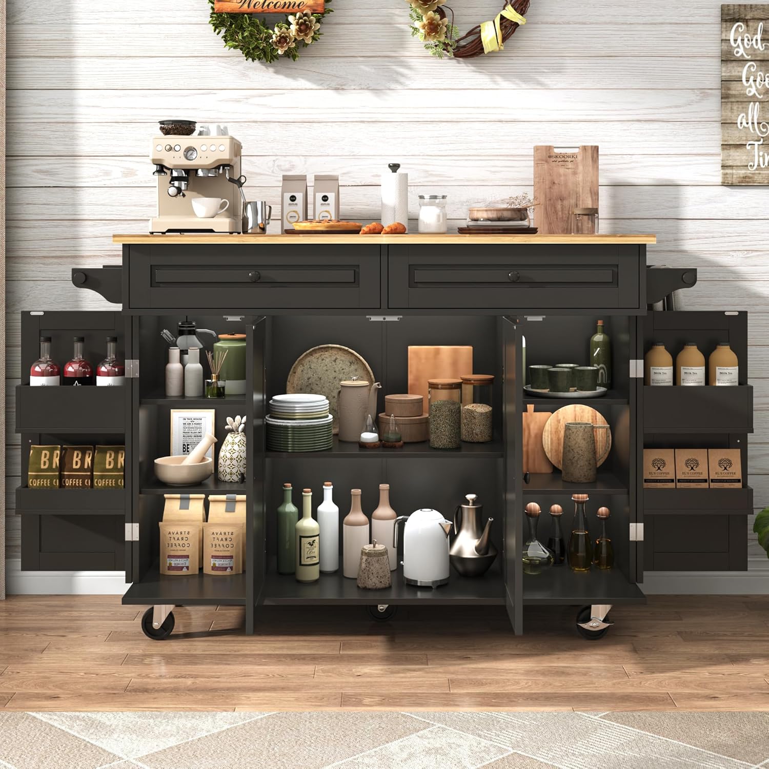 Blotout 55" Rolling Kitchen Island Cart with Drop Leaf Breakfast Bar, Rubber Wood Top – on Wheels with Drawer, Storage Cabinet, Spice & Towel Rack