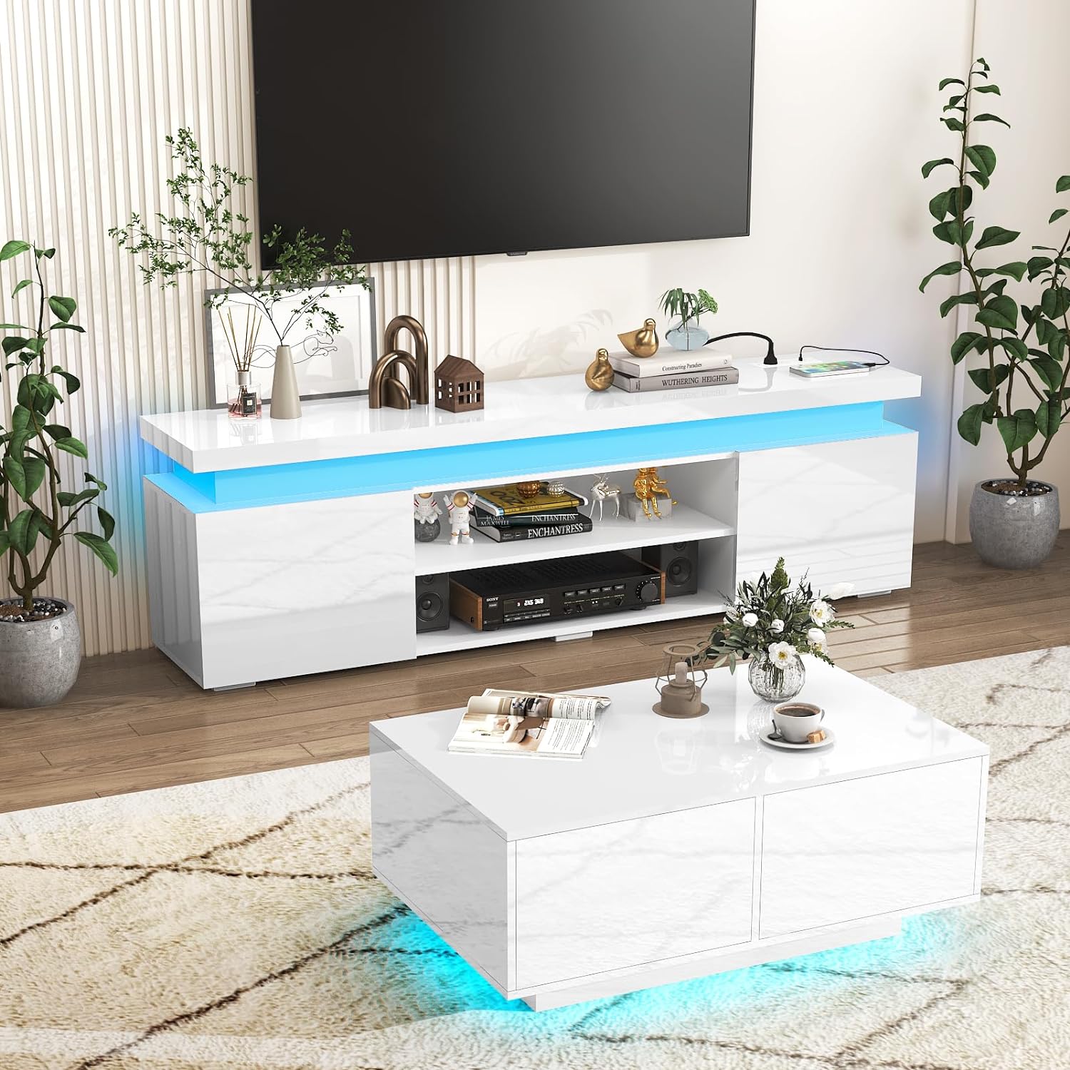 Blotout LED TV Stand for 75 Inch TV, Modern TV Stand with Power Outlet, High Gloss TV Console Entertainment Center with Storage and LED Lights for Living Room, Bedroom (75 Inch, White)