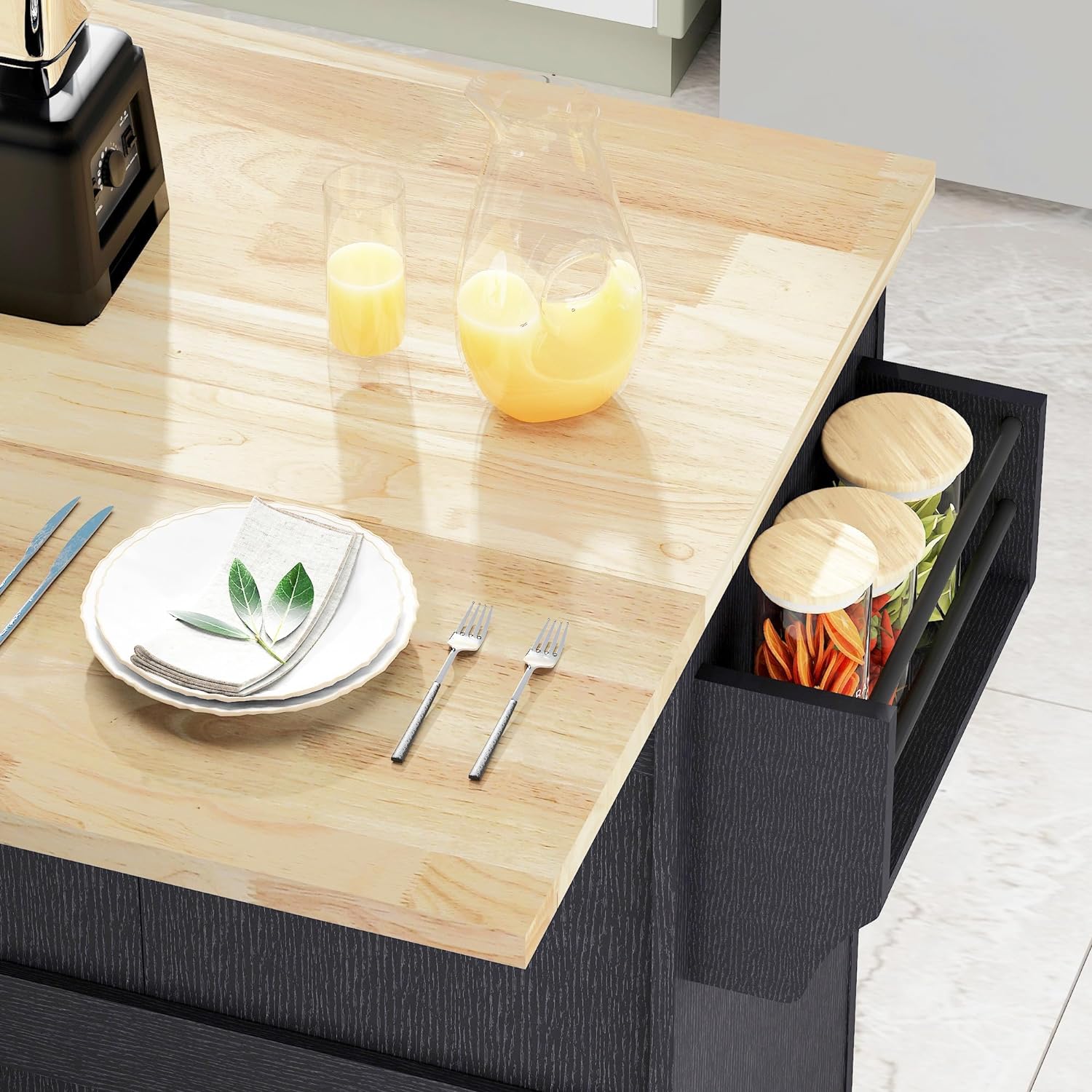 Kitchen Island Cart with Solid Wood Top and Drop Leaf, Rolling Mobile Kitchen Island Table on Wheels with Drawer and Spice Rack, Towel Rack(Black)