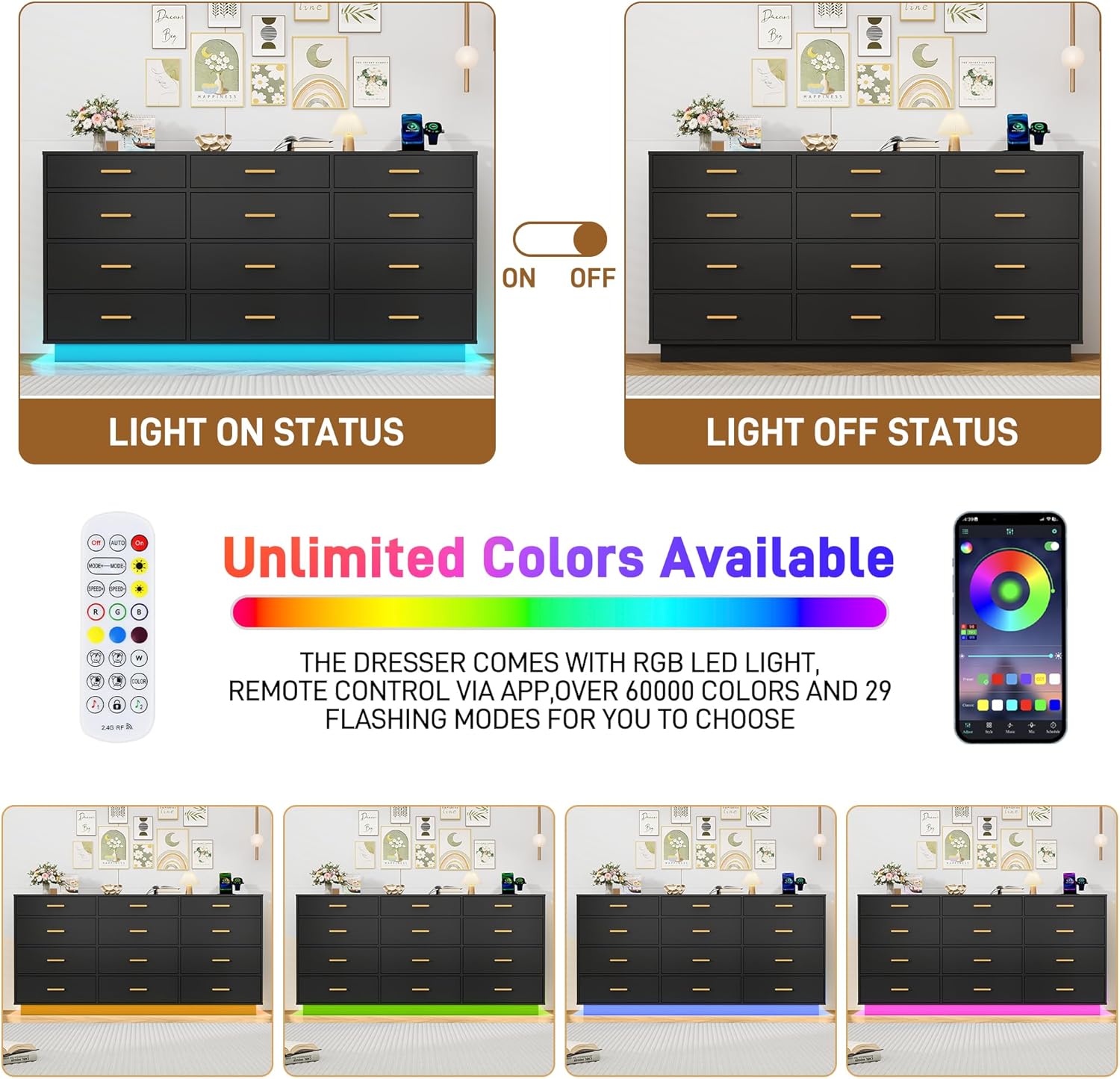 Blotout 12 Drawers Dresser w/Power Outlet, 60000 Colors Lights, 63''Long Wooden Dresser Chest w/Anti-toppling Design, Metal Handles Dresser for Living Room, Hallway, Entryway, Bedroom