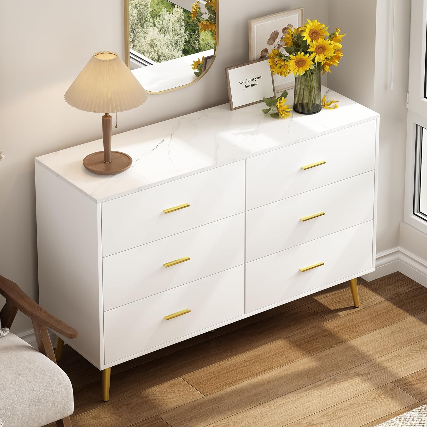 7 Drawer Dresser For Bedroom, 55-inch Marble and Gold Dresser Chest of Drawers Wood Bedroom Organizer