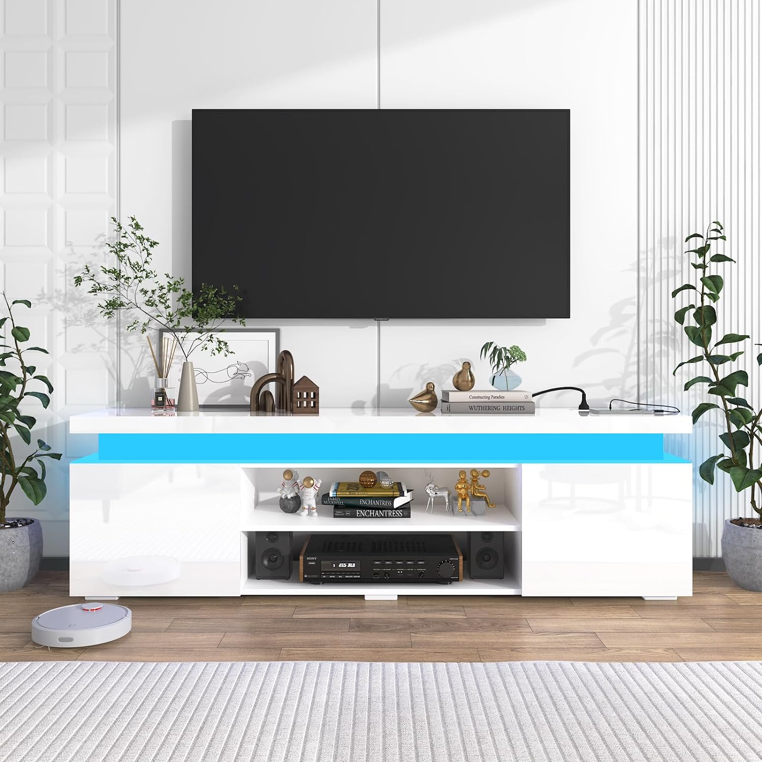 Blotout LED TV Stand for 75 Inch TV, Modern TV Stand with Power Outlet, High Gloss TV Console Entertainment Center with Storage and LED Lights for Living Room, Bedroom (75 Inch, White)