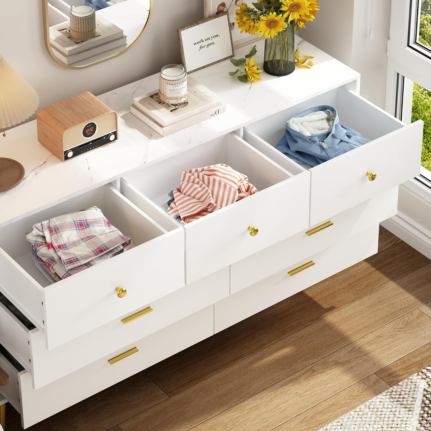 7 Drawer Dresser For Bedroom, 55-inch Marble and Gold Dresser Chest of Drawers Wood Bedroom Organizer