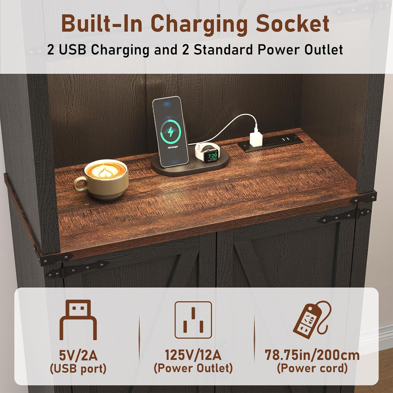 72" Tall Farmhouse Kitchen Pantry Cabinet with 10 Side Shelves and LED Light & Power Outlet, 5 Layers Pantry Storage Cabinet with Barn Doors&Load-Bearing Steel Pipe for Dining Room,Living Room