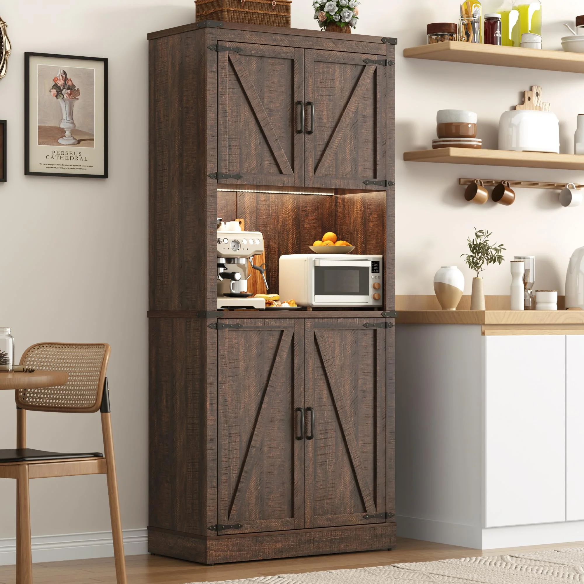 72"Tall Farmhouse Kitchen Pantry Cabinet with 10 Side Shelves and LED Light&Power Outlet,5 Layers Pantry Storage Cabinet with Barn Doors&Load-Bearing Steel Pipe for Dining Room,Living Room