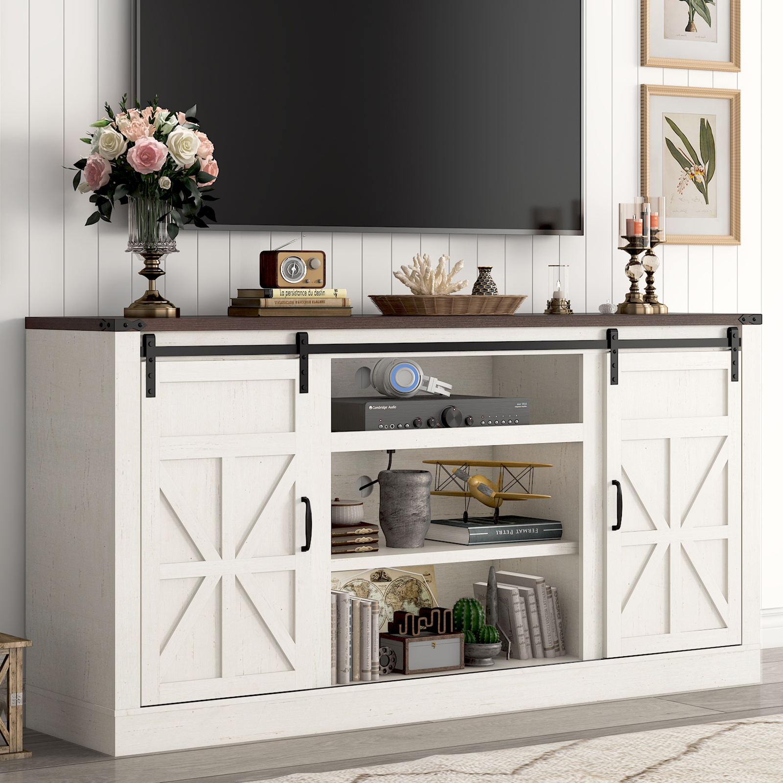 ANPOO 66" TV Stand with Power Outlets for TVs up to 75", 33" Tall Farmhouse Entertainment Center with Sliding Barn Doors & Adjustable Shelves, Rustic Wood TV Media Console for Living Room