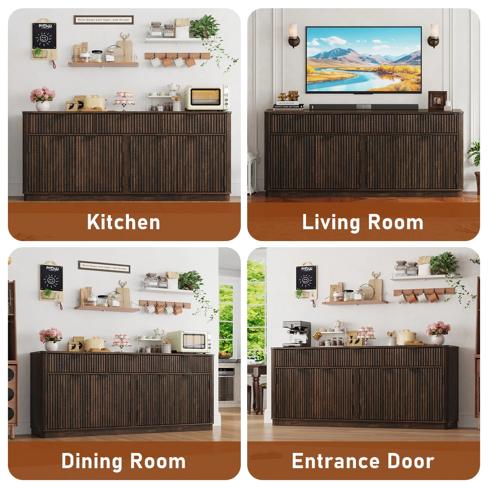 Blotout 70" Fluted Buffet Cabinet Sideboard with Storage, Large Credenza with 3 Drawers, 4 Doors and Shelves, Wood Modern Farmhouse Sideboard for Kitchen and Living Room