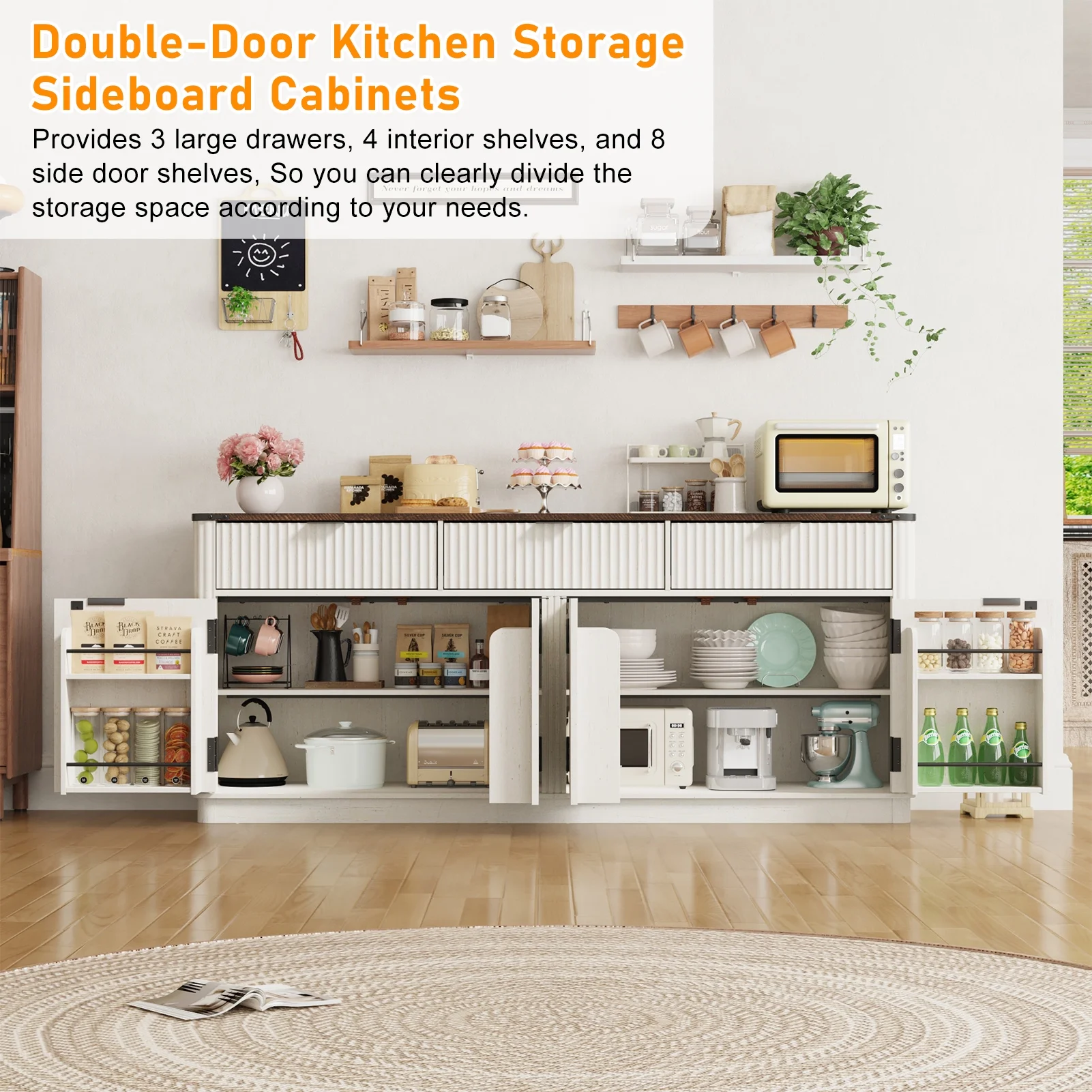 Blotout 70" Fluted Buffet Cabinet Sideboard with Storage, Large Credenza with 3 Drawers, 4 Doors and Shelves, Wood Modern Farmhouse Sideboard for Kitchen and Living Room