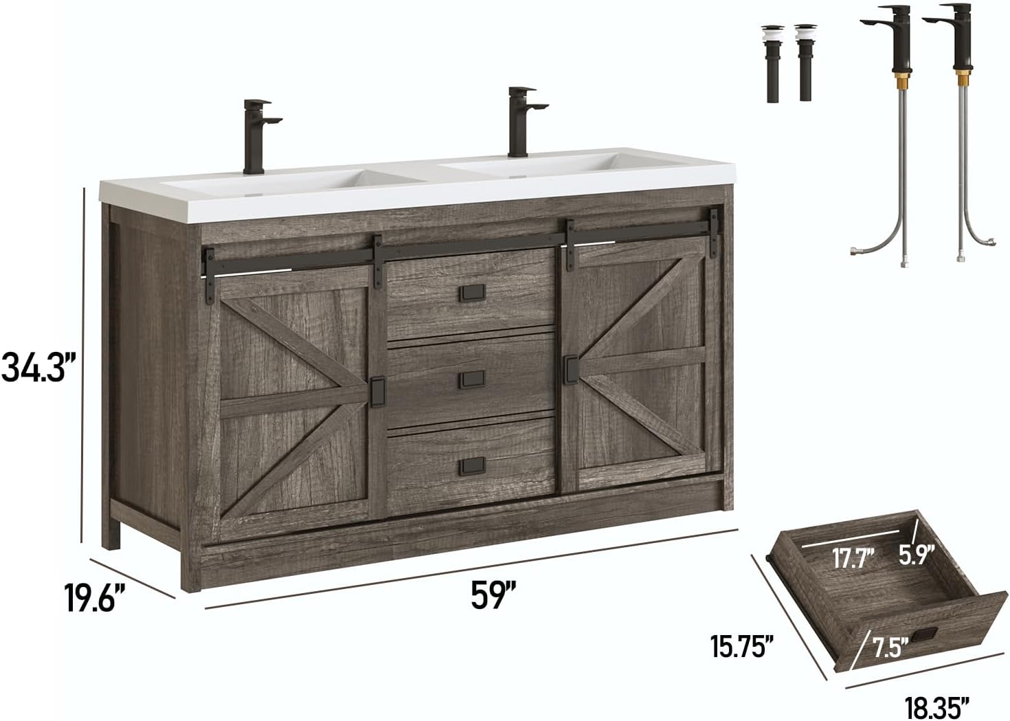 Blotout Double Bathroom Vanity with Sink & Faucet & Sewer Pipes, 59" Farmhouse Bathroom Vanity Cabinet Set with Sliding Barn Door & 3 Drawers, Freestanding Bath Storage Vanity Sink
