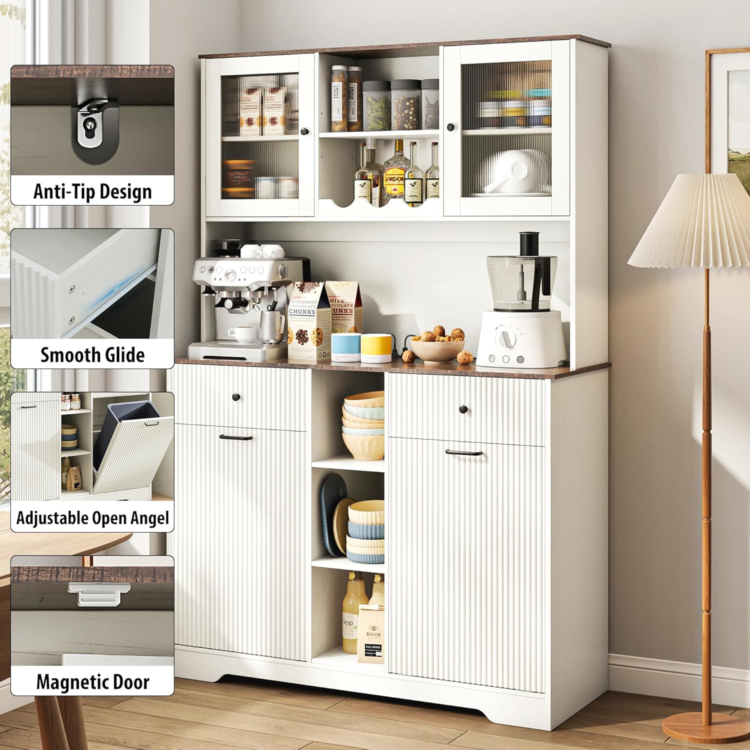 Blotout 47" Wide Kitchen Pantry Storage Cabinet with Charging Station & Microwave Stand, Tall Fluted Kitchen Hutch Cabinet, Double Tilt Out Trash Can Cabinet 10X2 Gallon