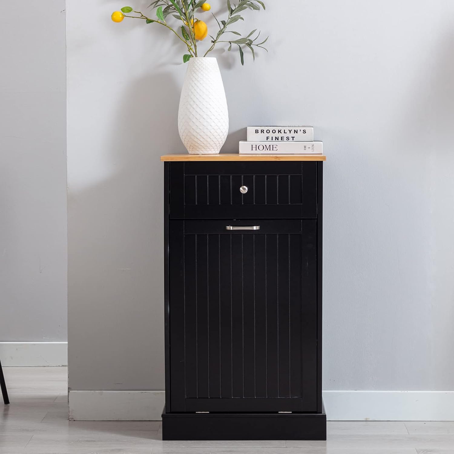 Hlivelood Double Trash Cabinet Tilt Out 20 Gallon, Pet Proof Kitchen Trash Cabinet Laundry Hamper with Cutting Board, Wood Garbage Recycling Station Hideaway Trash Holder Drawers