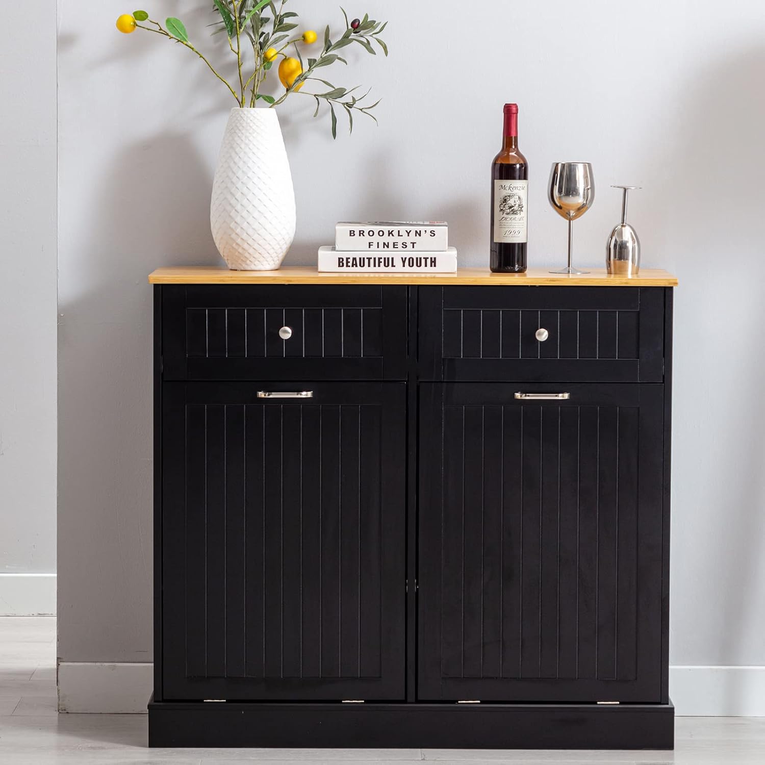 Hlivelood Double Trash Cabinet Tilt Out 20 Gallon, Pet Proof Kitchen Trash Cabinet Laundry Hamper with Cutting Board, Wood Garbage Recycling Station Hideaway Trash Holder Drawers