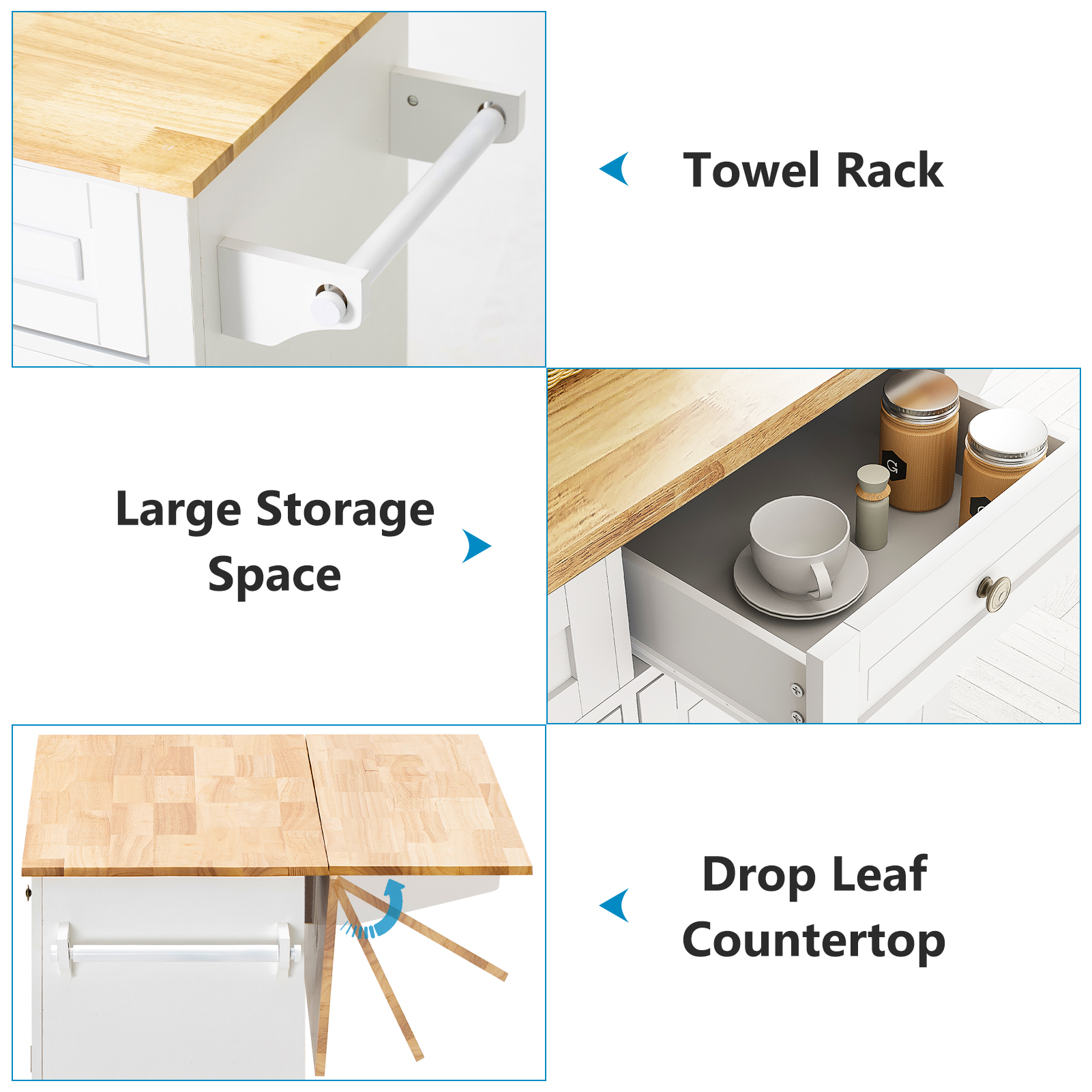 Hlivelood Rolling Kitchen Island Carts with Drop Leaf, Island Table for Kitchen with Rubber Wood Top and Rack and Storage Cabinet, Adjustable Shelves, 2 Drawer, Lockable Casters, Matte