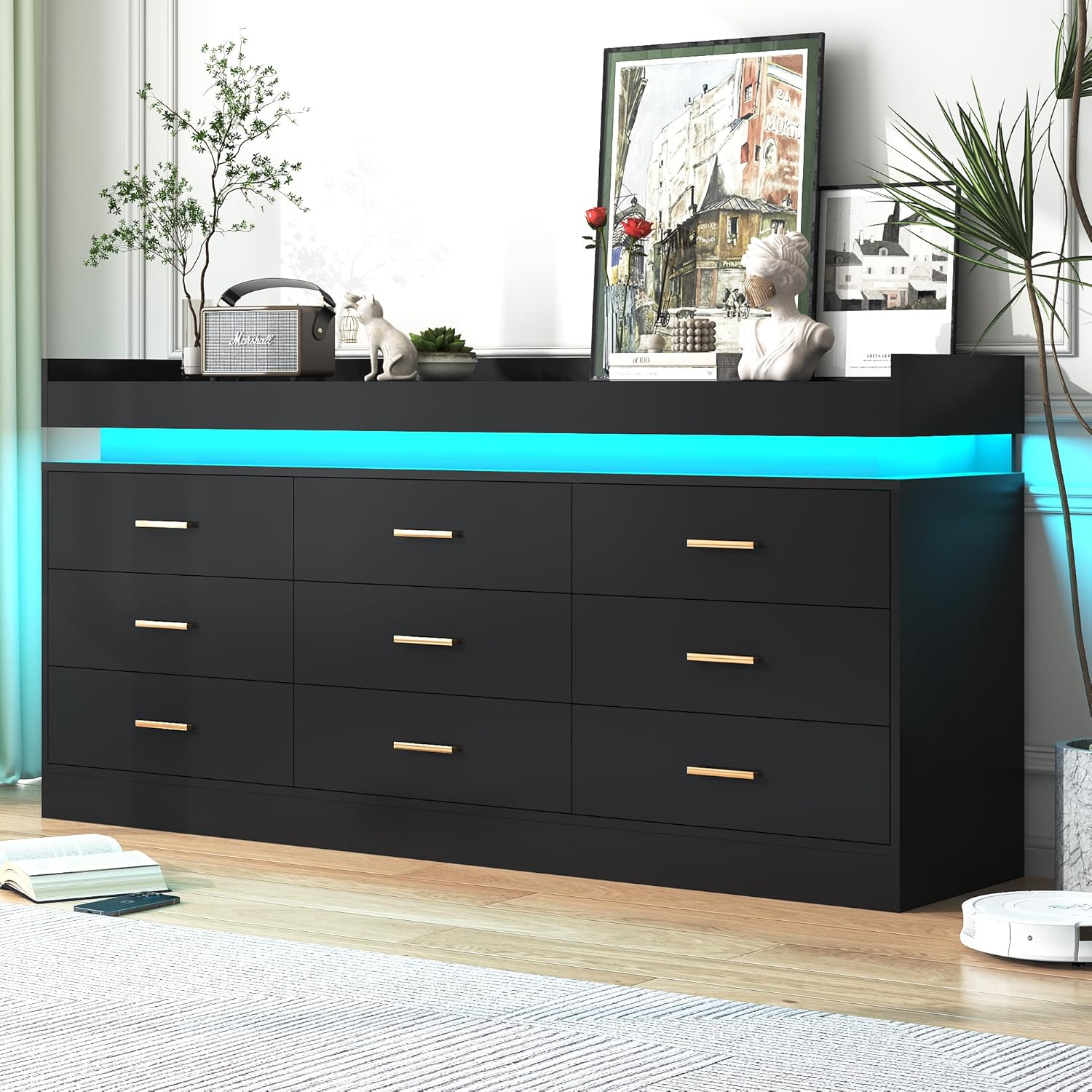 Black Dresser for Bedroom, 63 Inch Long 9 Drawers Dresser with Charging Station and LED light, Modern Large Wood Chest of Drawers, Dresser for Bedroom, Living Room, Entryway, Hallway