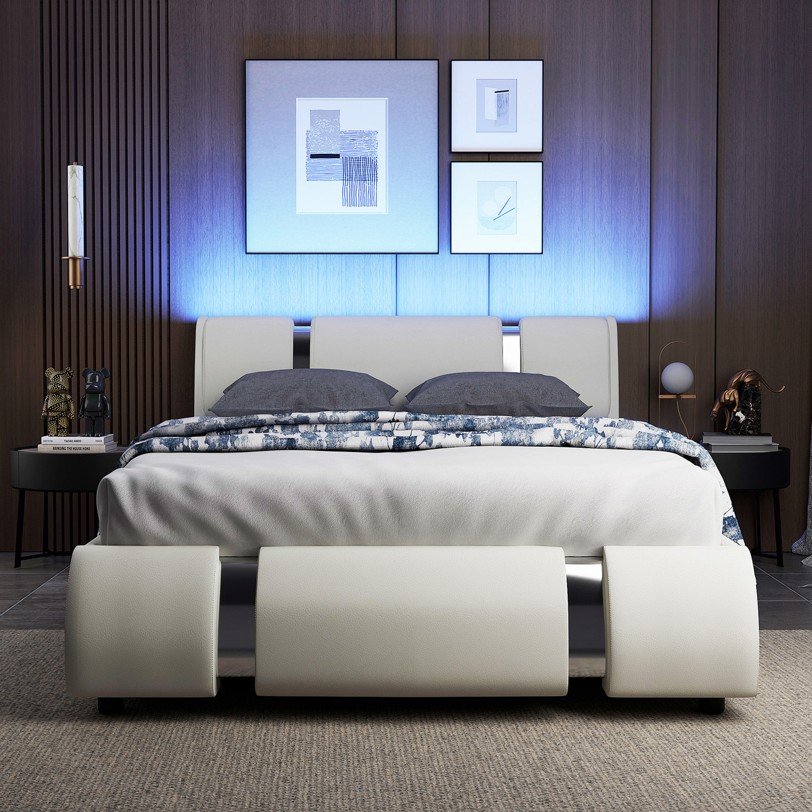 Faux Leather Bed Frame with LED Light Headboard, Modern Platform Bed Frame Deluxe Upholstered Bed with Curved Backrest