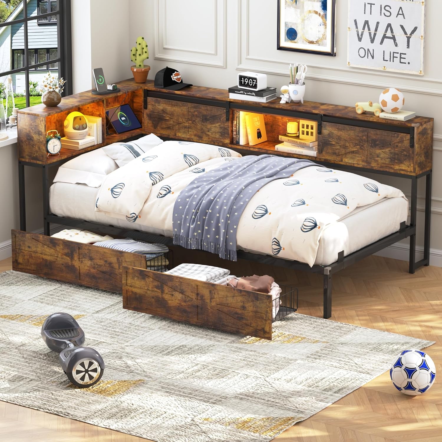 Blotout Twin Corner Bed Frame with Bookcase Headboard and Storage Drawers, Twin Metal Platform Bed Frame with Charging Station and LED Lights, Twin Size Daybed for Living Room, Bedroom and Guest Room