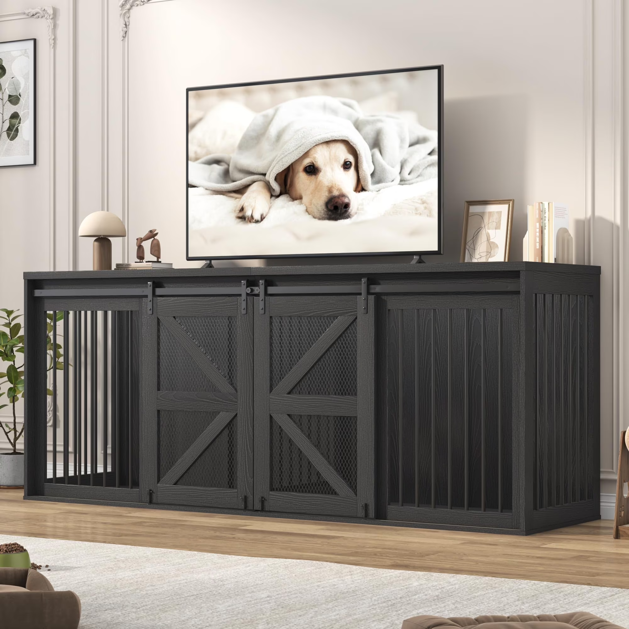 Blotout 87" Large Farmhouse Dog Crate TV Stand, Wooden Dog Crate Furniture with with Divider Panel/Sliding Metal Mesh Barn Door, XL-XXL Heavty Duty Dog Crates Furniture for 2 Medium or Large Dogs