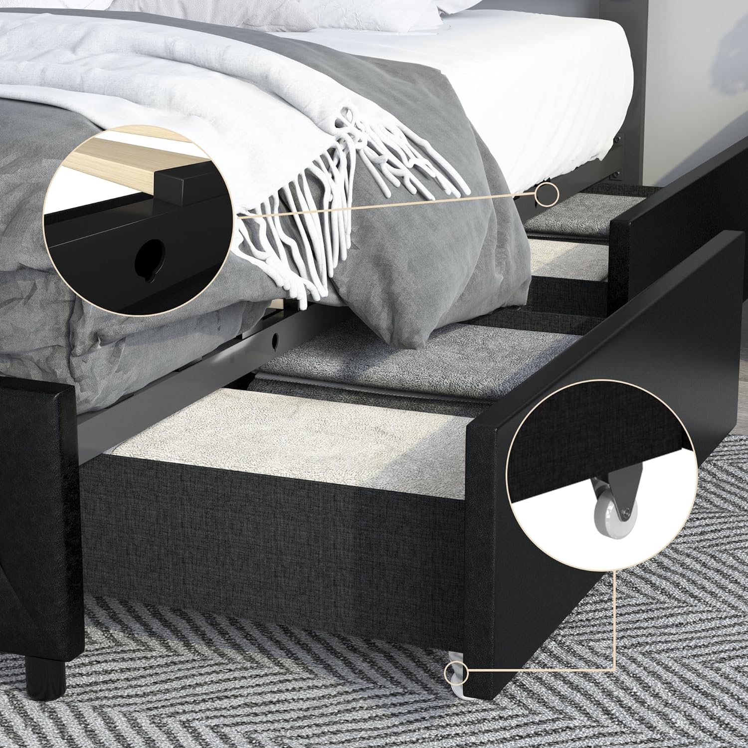Full Upholstered LED Bed Frame with 4 Storage Drawers & USB Ports, Faux Leather Platform Bed Frame with Adjustable Crystal Button Tufted Headboard, No Box Spring Needed, Easy Assembly, Black