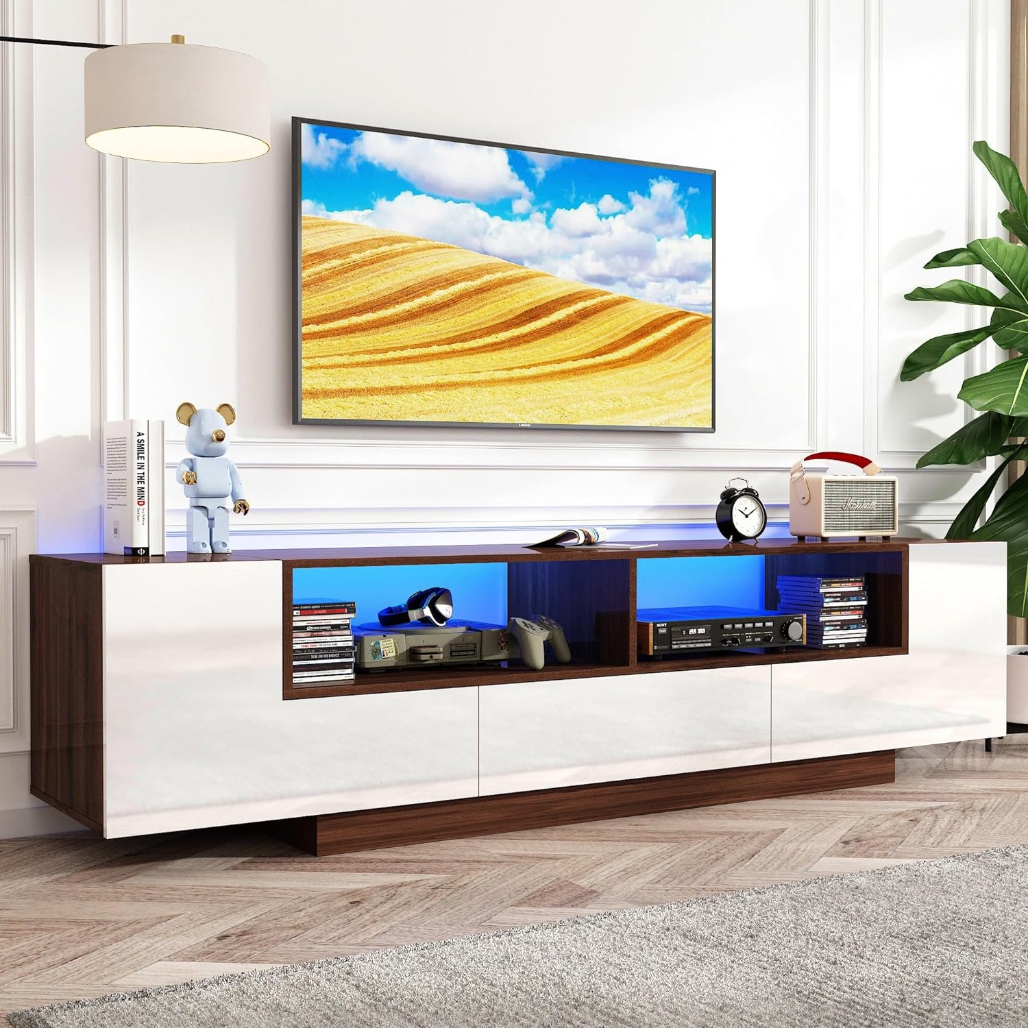 Modern LED TV Stand for 75 Inch TV, 70" Entertainment Center with Storage Cabinets and Open Shelves, High Gloss TV Console Table for Living Room and Bedroom (Black& Marble)