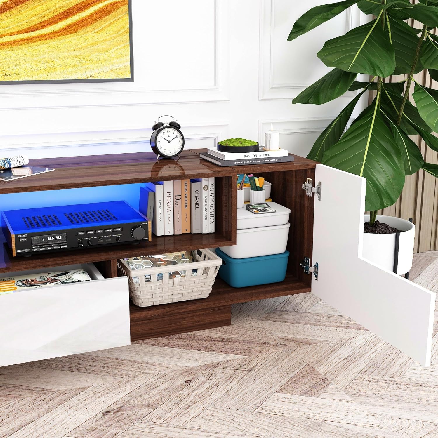 Modern LED TV Stand for 75 Inch TV, 70" Entertainment Center with Storage Cabinets and Open Shelves, High Gloss TV Console Table for Living Room and Bedroom (Black& Marble)