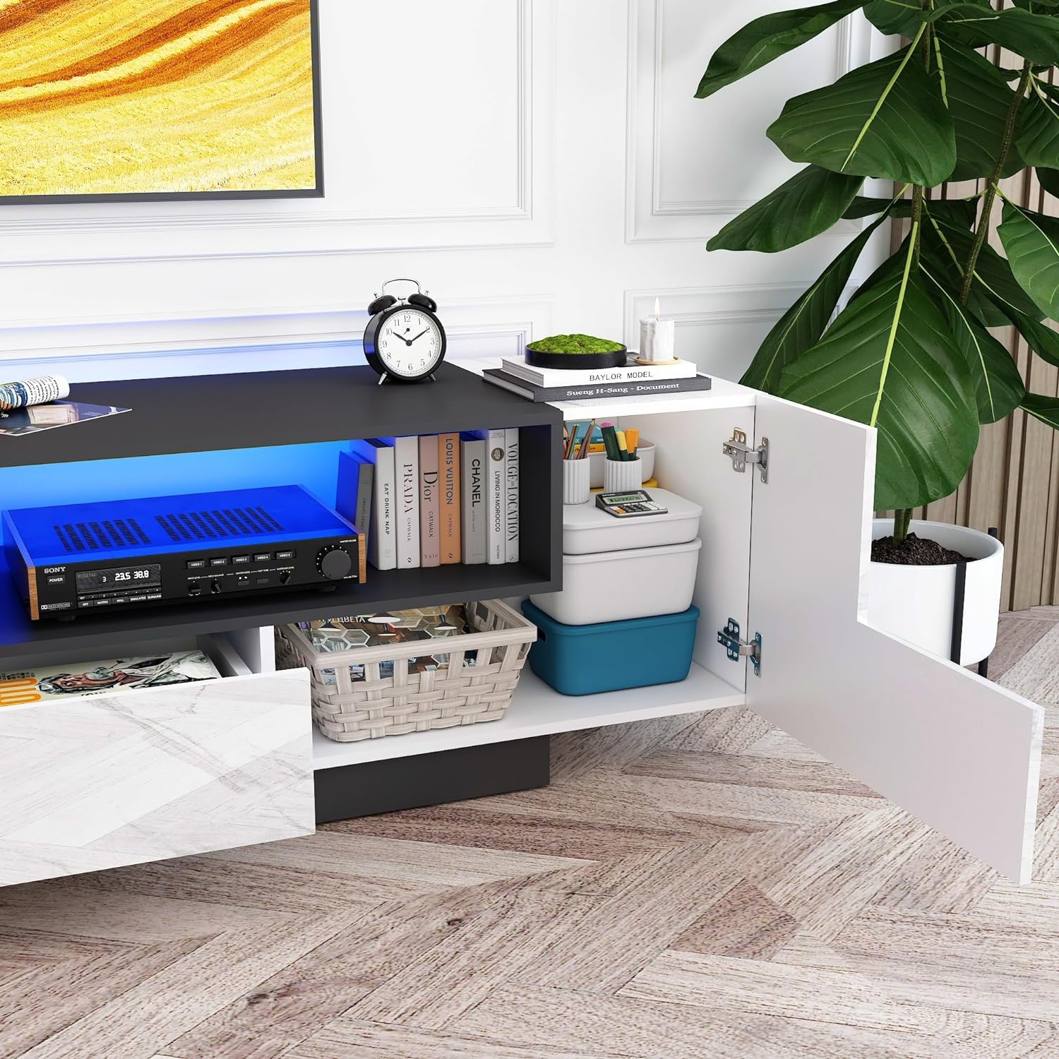 Modern LED TV Stand for 75 Inch TV, 70" Entertainment Center with Storage Cabinets and Open Shelves, High Gloss TV Console Table for Living Room and Bedroom (Black& Marble)