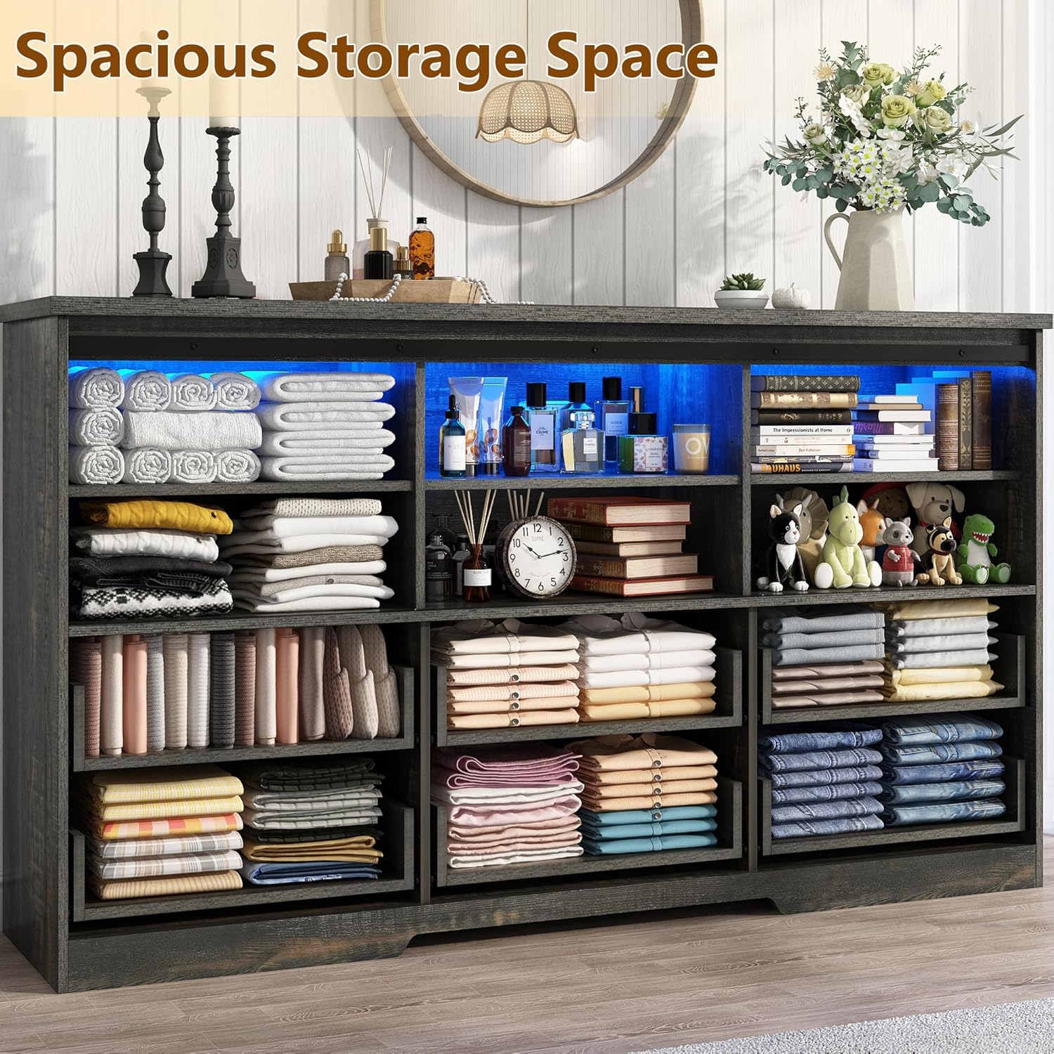 Blotout 63'' LED Farmhouse TV Stand for 70in TV, Dresser TV Stand for Living Room, Farmhouse 6 Drawer Dresser for Bedroom with led light, Tall Entertainment Center Storage Cabinets w/Power Outlets