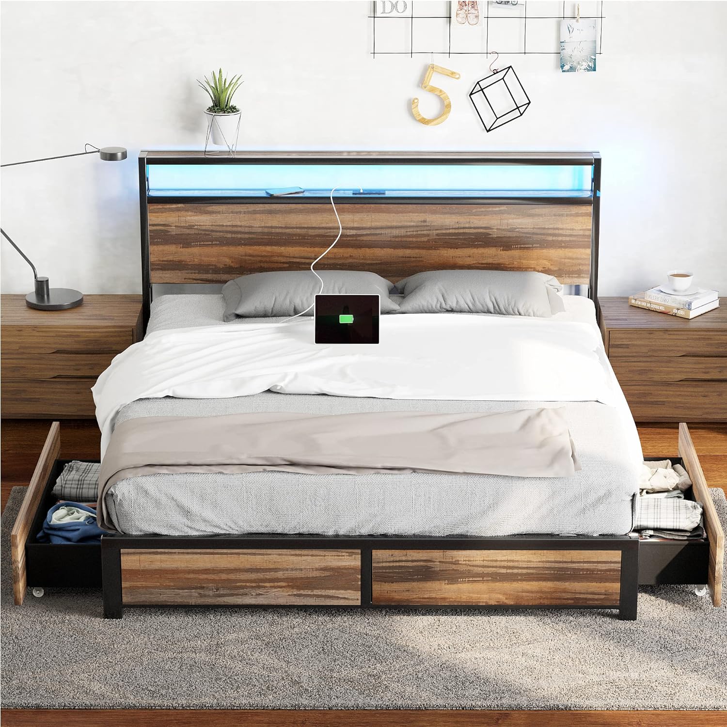 Blotout Full Bed Frame with 3 USB Ports & Led Lights, Platform Metal Bed Frame with 4 Storage Drawers and Headboard, No Box Spring Needed, Easy Assembly, Noise-Free,Vintage Brown