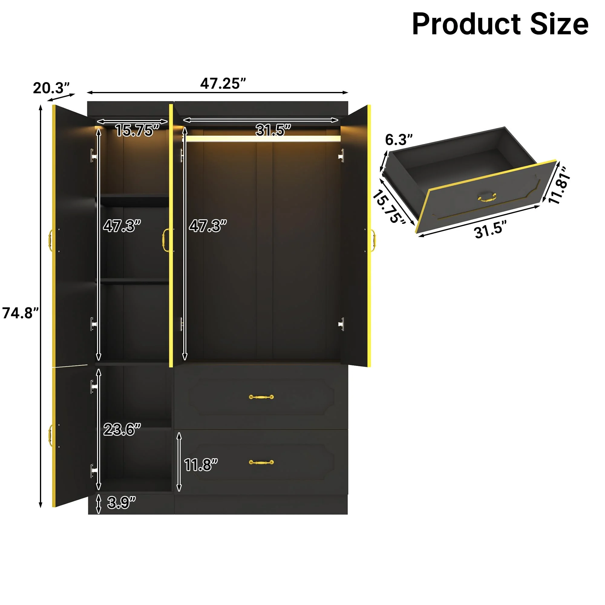75"H 3 Doors Armoire Wardrobe Closet with Mirror and LED Lights, LED Clothing Storage Cabinet with Hanging Rod and Drawers, Modern Wooden Wardrobe Cabinet for Bedroom