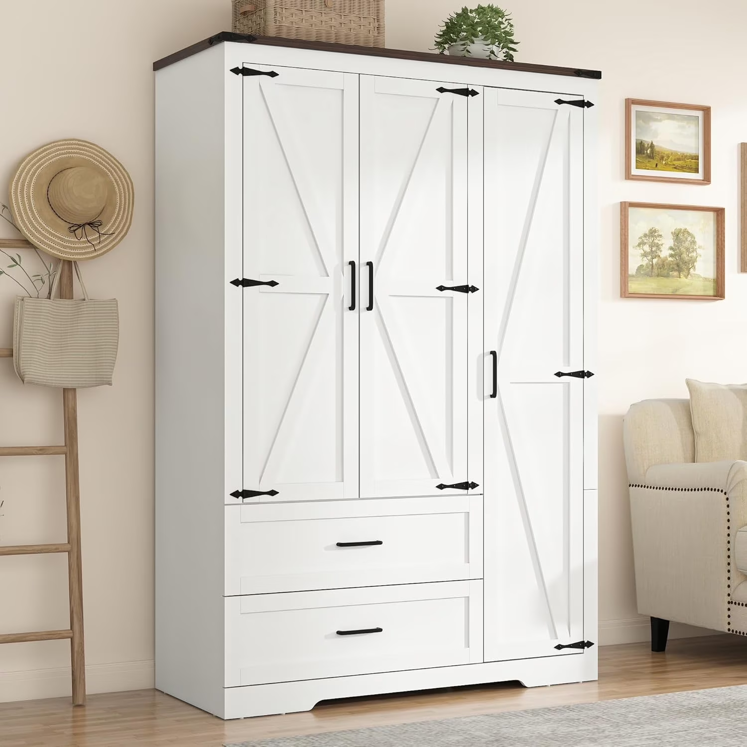 Blotout 2 Door Farmhouse Armoire Wardrobe Closet With 2 Drawers, 70" Tall Wooden Wardrobe Cabinet with Hanging Rod and Adjustable Shelves for Bedroom, White