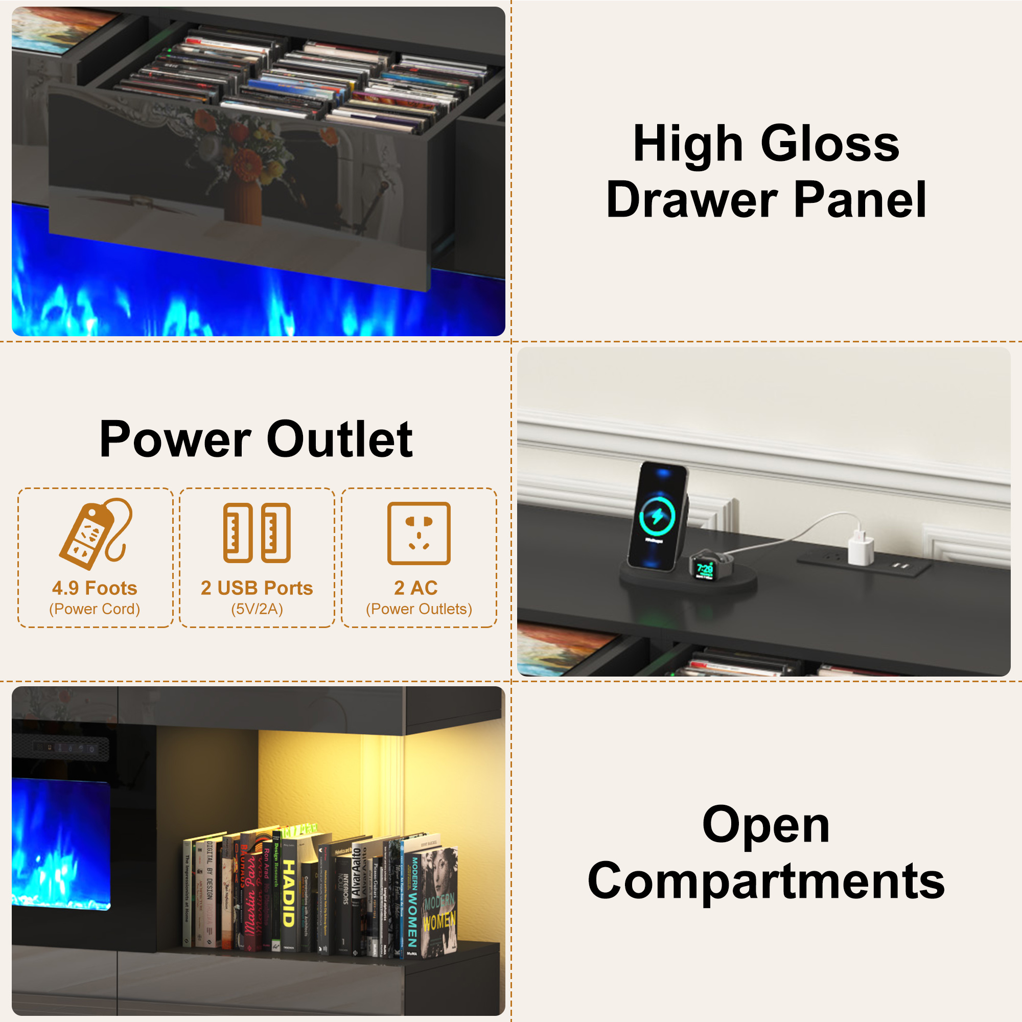 Blotout 82'' Fireplace TV Stand for 85/90''TV with 50'' Fireplace, LED Modern High Gloss Entertainment Center with Power Outlet, TV Console Table with 8 Handleless Storage Drawers, Black