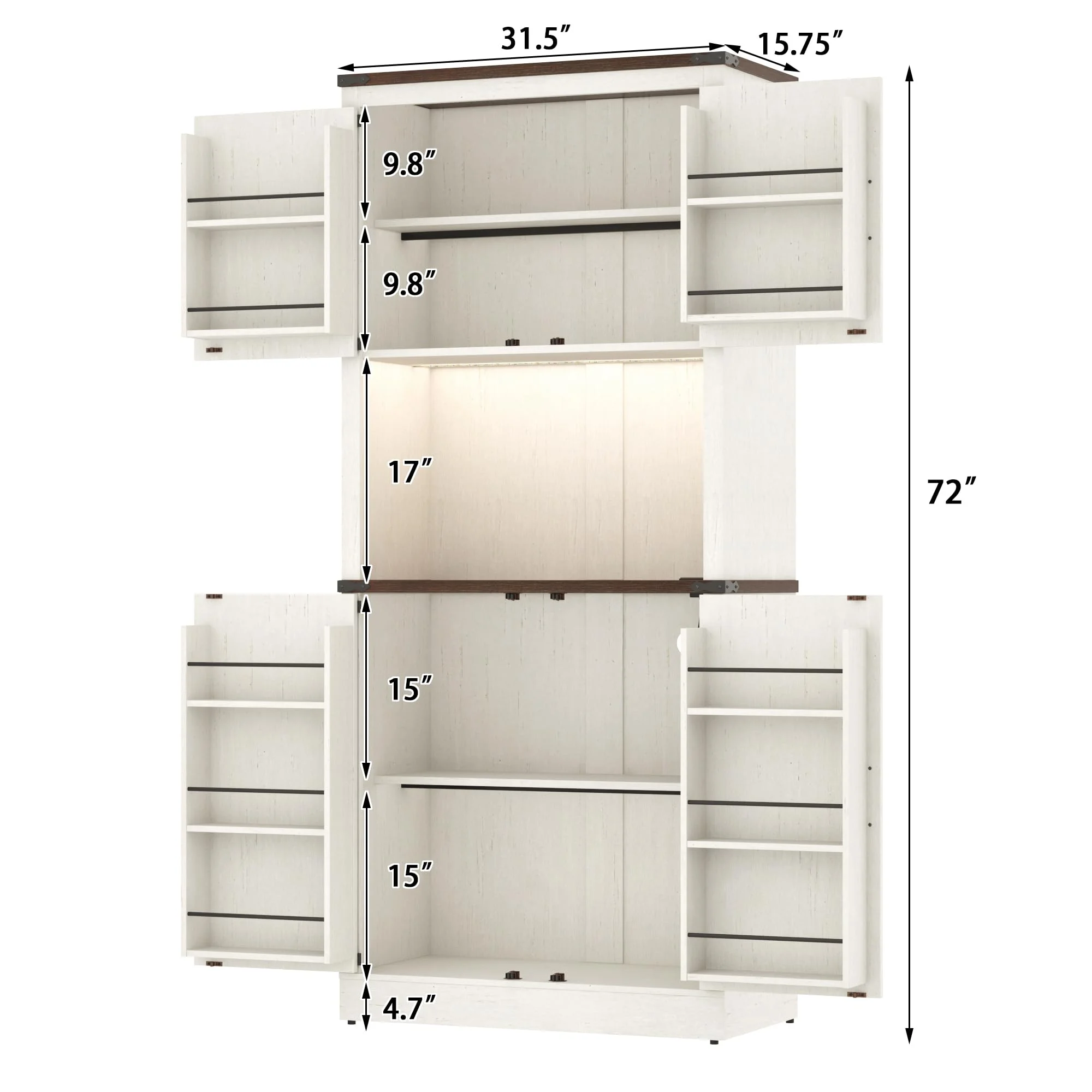 Tall Farmhouse Kitchen Pantry Cabinet with 10 Side Shelves and LED Light&Power Outlet,5 Layers Pantry Storage Cabinet with Barn Doors&Load-Bearing Steel Pipe for Dining Room,Living Room