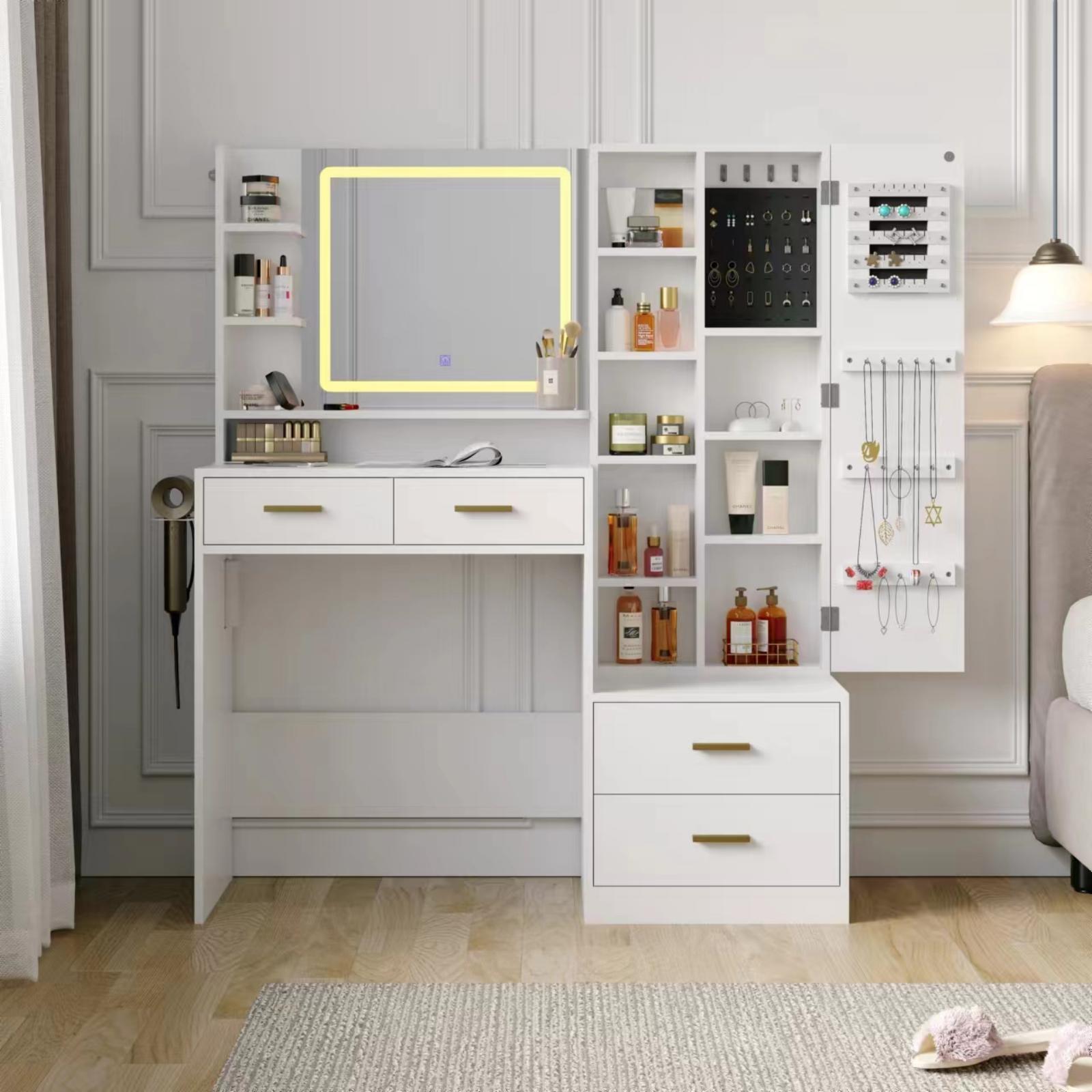 Blotout Vanity Desk with LED Mirror, White Vanity with Large Jewelry Cabinet, 4 Drawers, Lots Storage Shelves, 45'' Vanity with Charging Station, 3 Lighting Modes, Brightness Adjustable